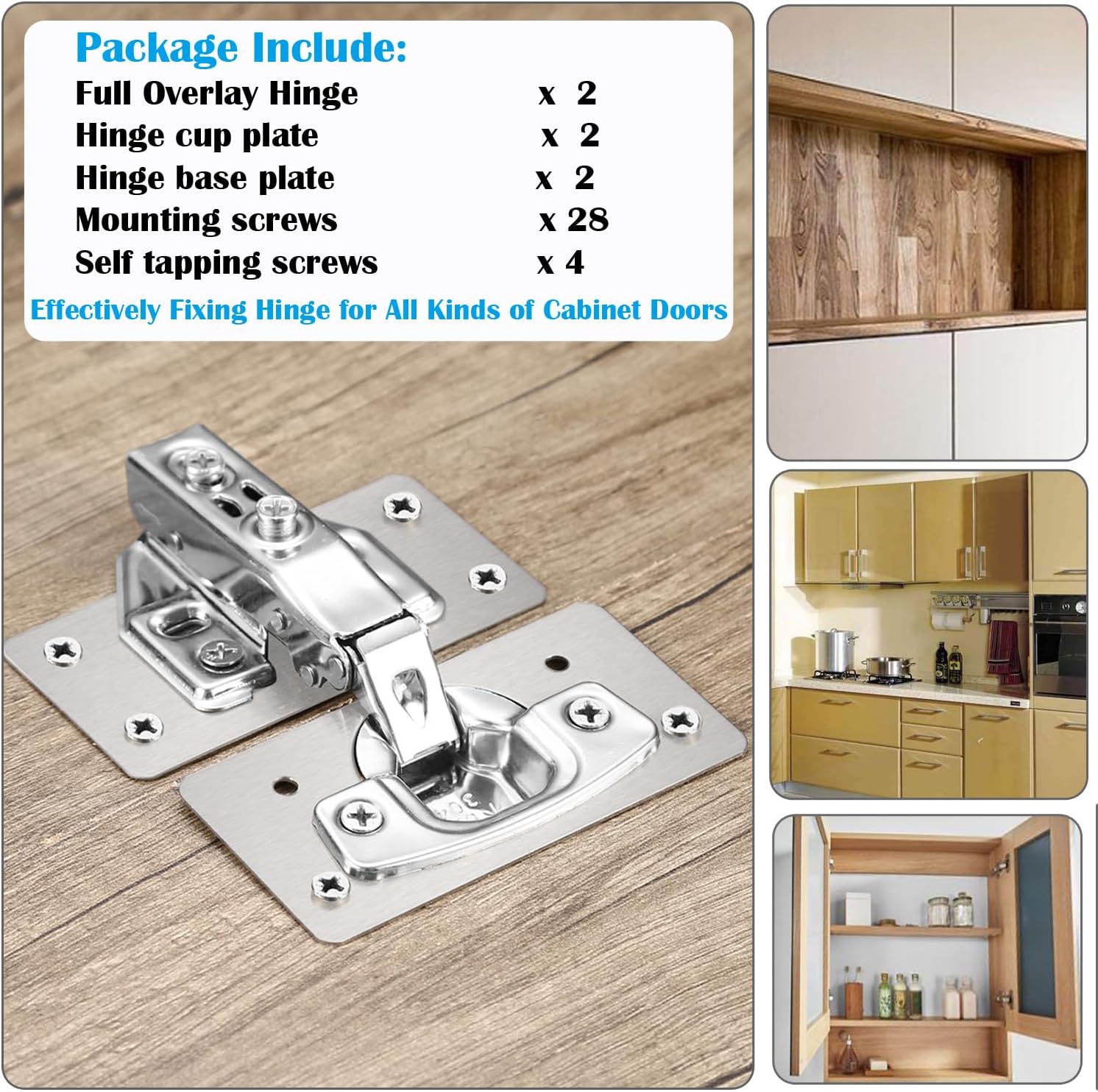 Stainless Steel Cabinet Hinge Repair Kit with Soft Closing Hinges - 4Pack Repair Plates & 2Pack Full Overlay Hinges - Mounting Screws Included