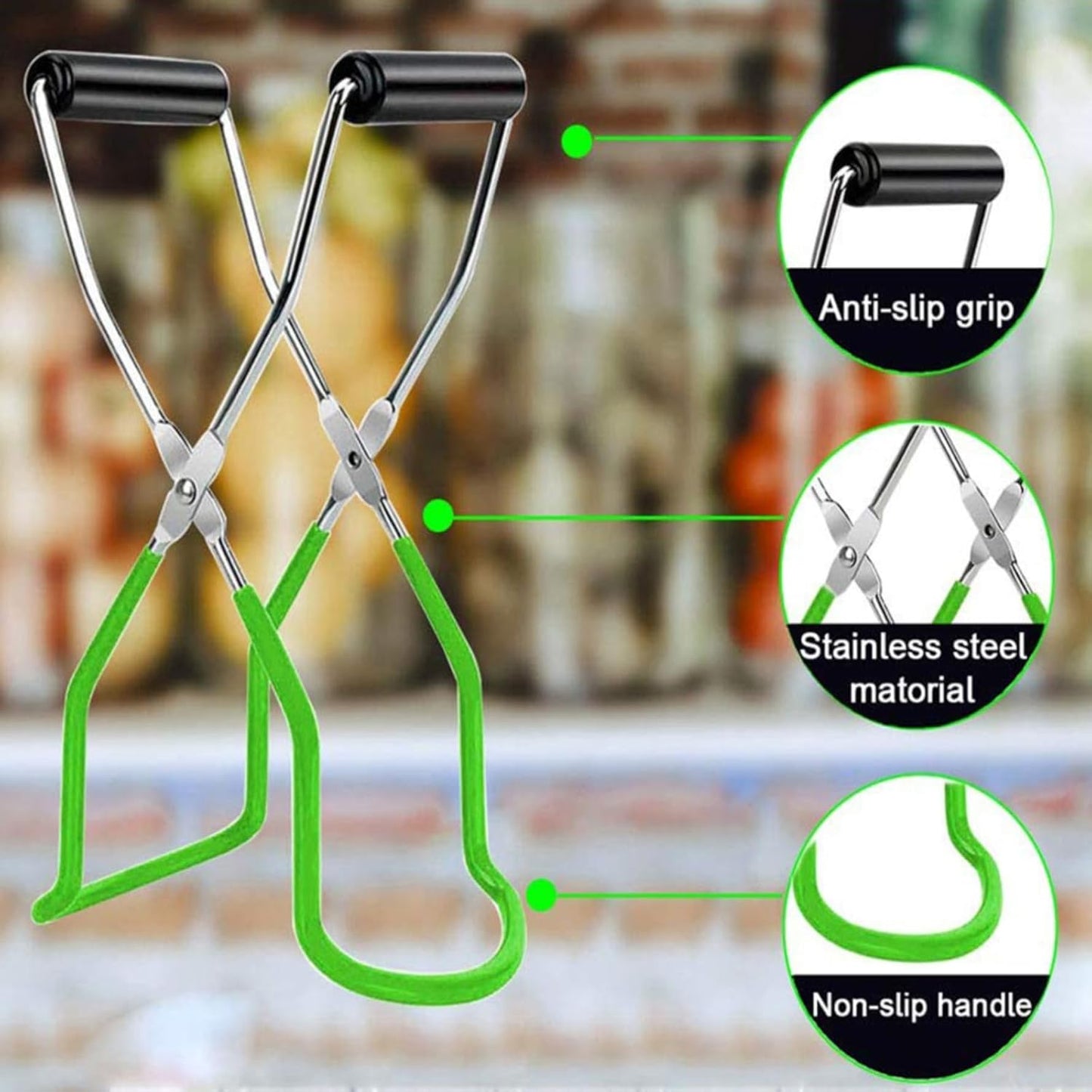 Stainless Steel Canning Jar Lifter Tongs with Grip Handle for Regular Mouth Glass Jars - Green