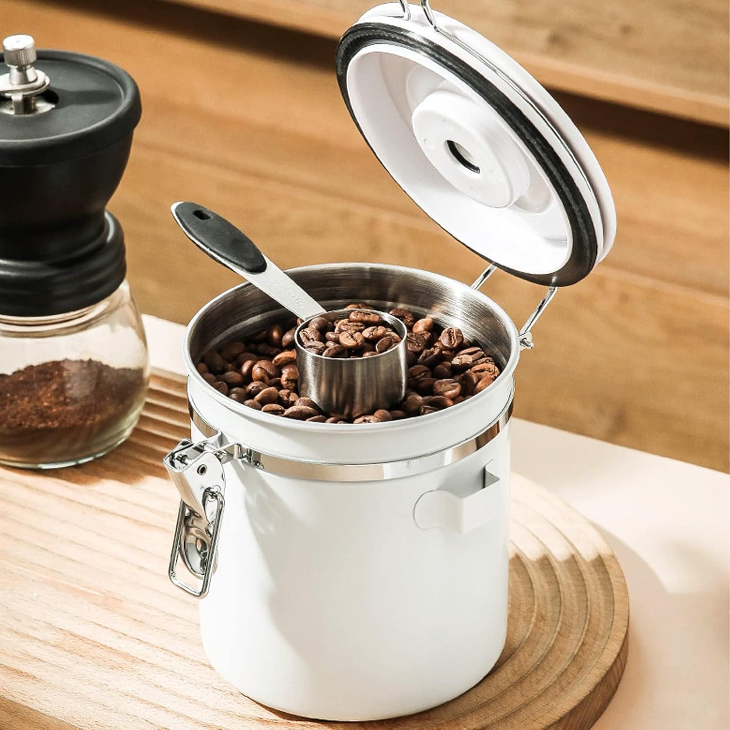 Stainless Steel Coffee Canister with Airtight Lid for Coffee Bean Storage - Creamy White 1.8L