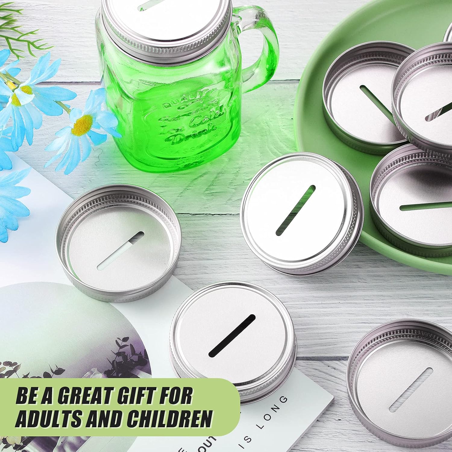 Stainless Steel Coin Slot Lid for Mason Jars - 24 Pack, Regular Mouth Ball Canning Jar Money Saving Metal Lid - Geiserailie