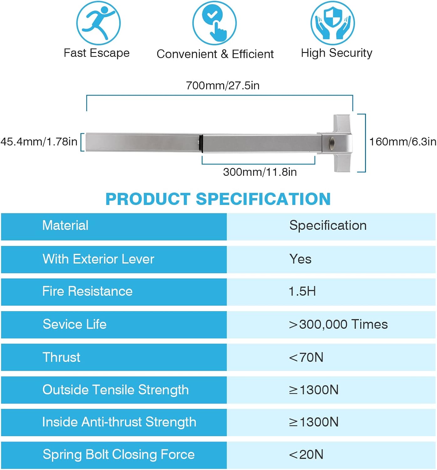 Stainless Steel Commercial Panic Exit Device with Lever, 27.5" Push Bar for Emergency Exit Doors