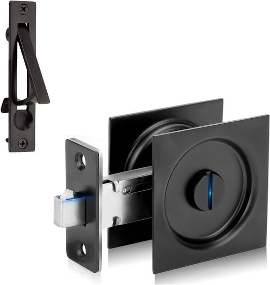 Stainless Steel Contemporary Pocket Door Knob with Privacy Lock, Flush Handles, 2-3/8" Backset - Matte Black Square Sliding Barn Hardware for Privacy (Bed/Bath) Latch