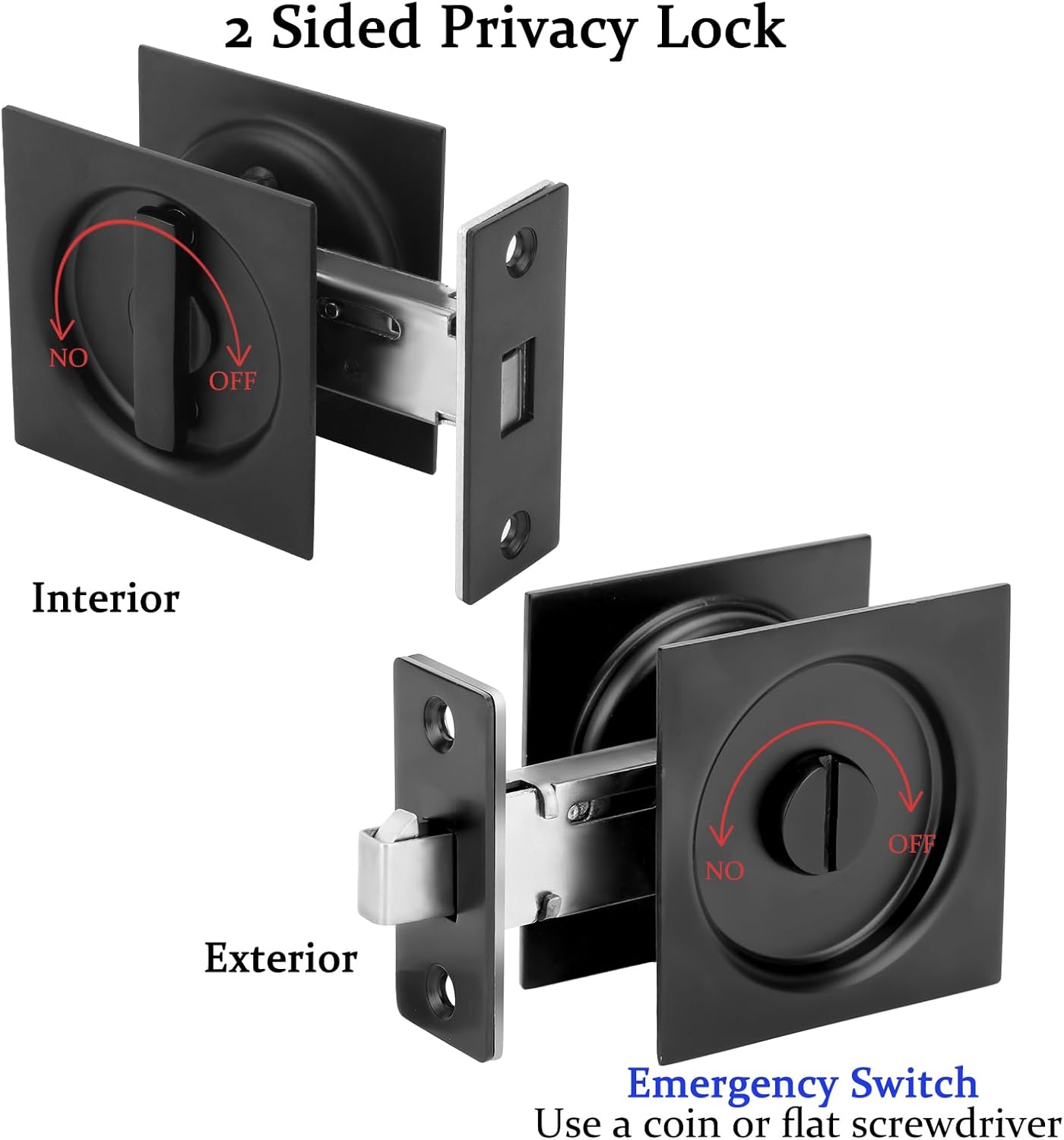 Stainless Steel Contemporary Pocket Door Knob with Privacy Lock, Flush Handles, 2-3/8" Backset - Matte Black Square Sliding Barn Hardware for Privacy (Bed/Bath) Latch