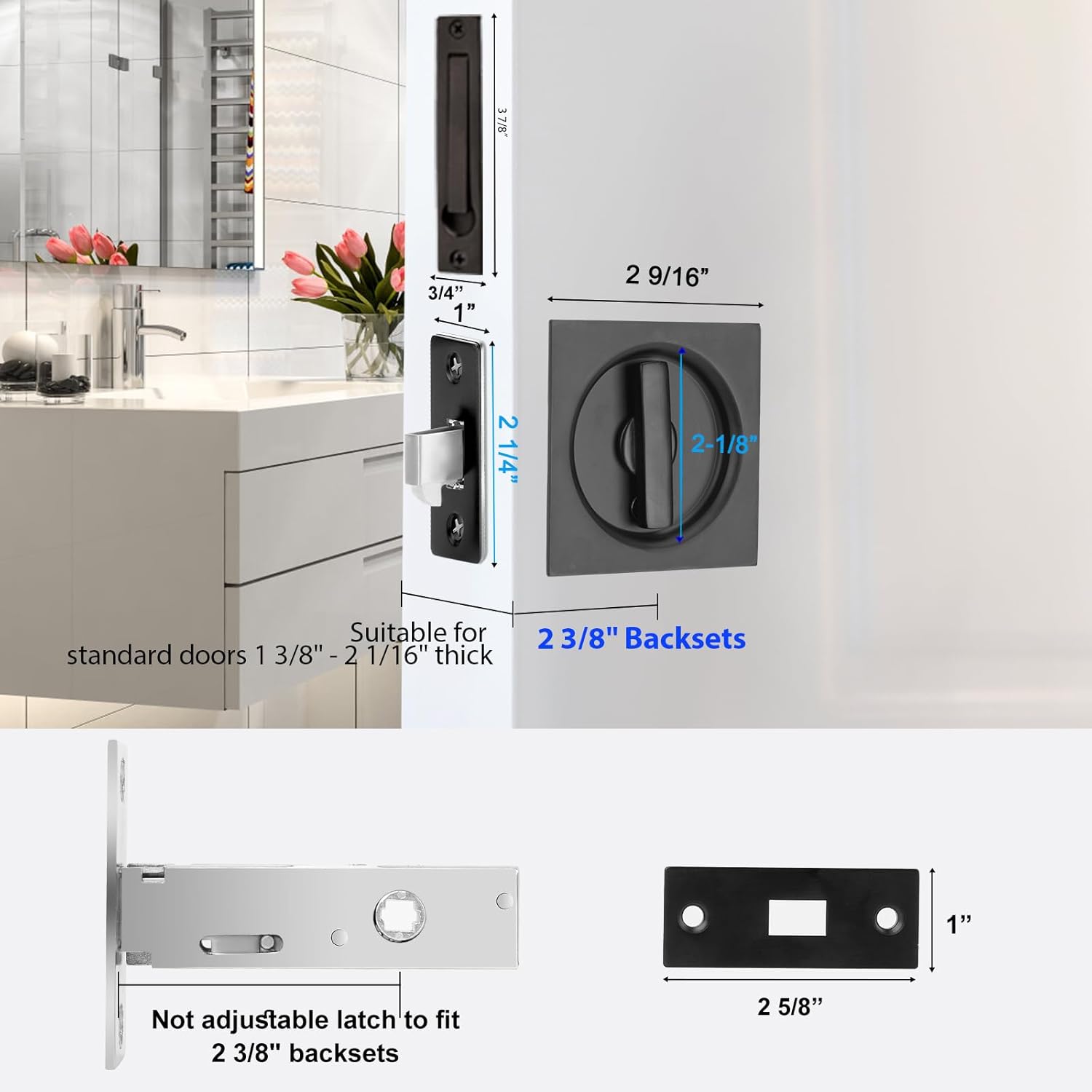 Stainless Steel Contemporary Pocket Door Knob with Privacy Lock, Flush Handles, 2-3/8" Backset - Matte Black Square Sliding Barn Hardware for Privacy (Bed/Bath) Latch