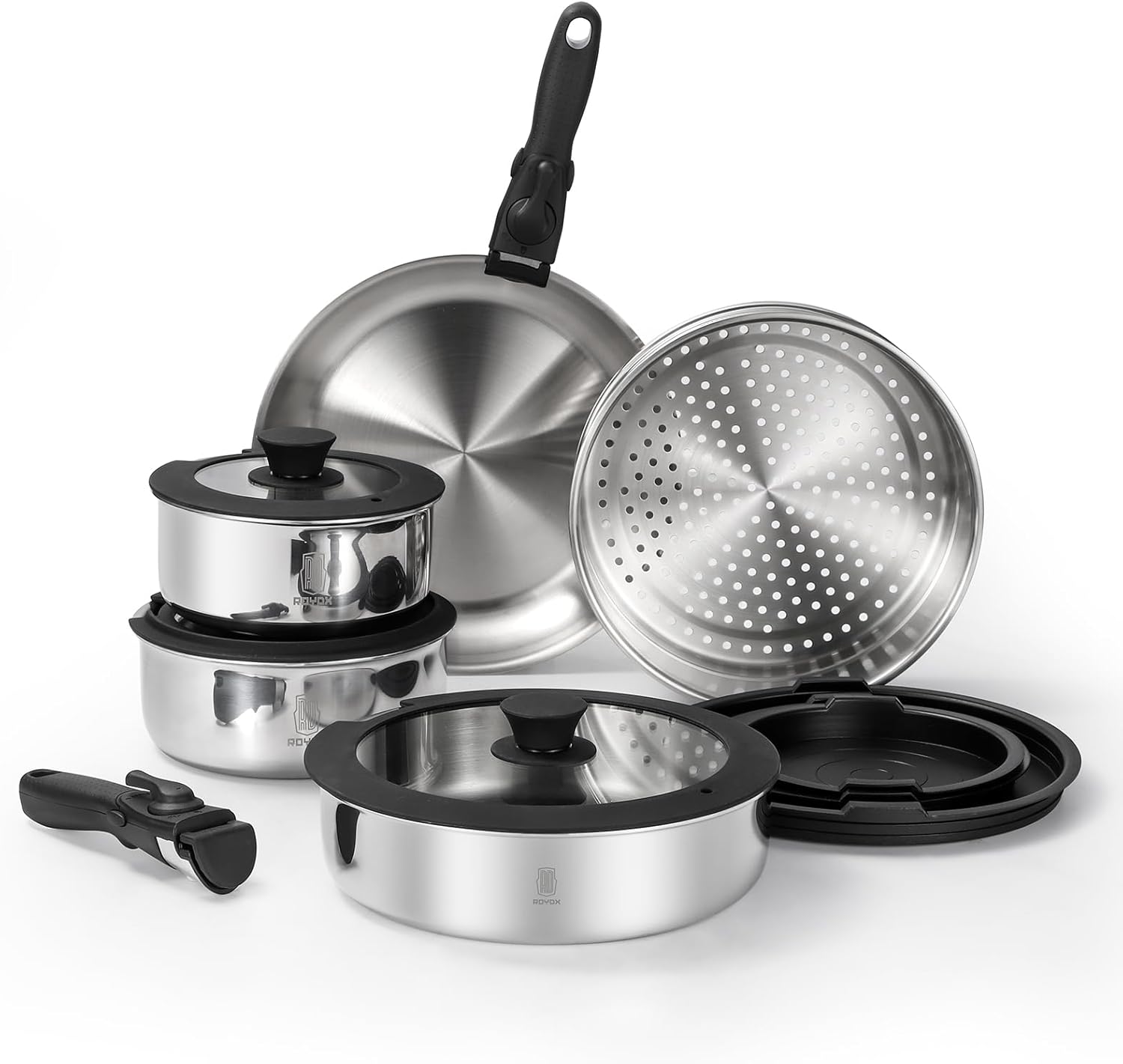 Stainless Steel Cookware Set with Detachable Handles, PFOA Free, Oven Safe - RD ROYDX 3-Ply Pots and Pans Set for All Stoves