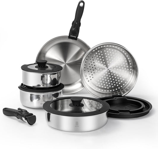 Stainless Steel Cookware Set with Detachable Handles, PFOA Free, Oven Safe - RD ROYDX 3-Ply Pots and Pans Set for All Stoves