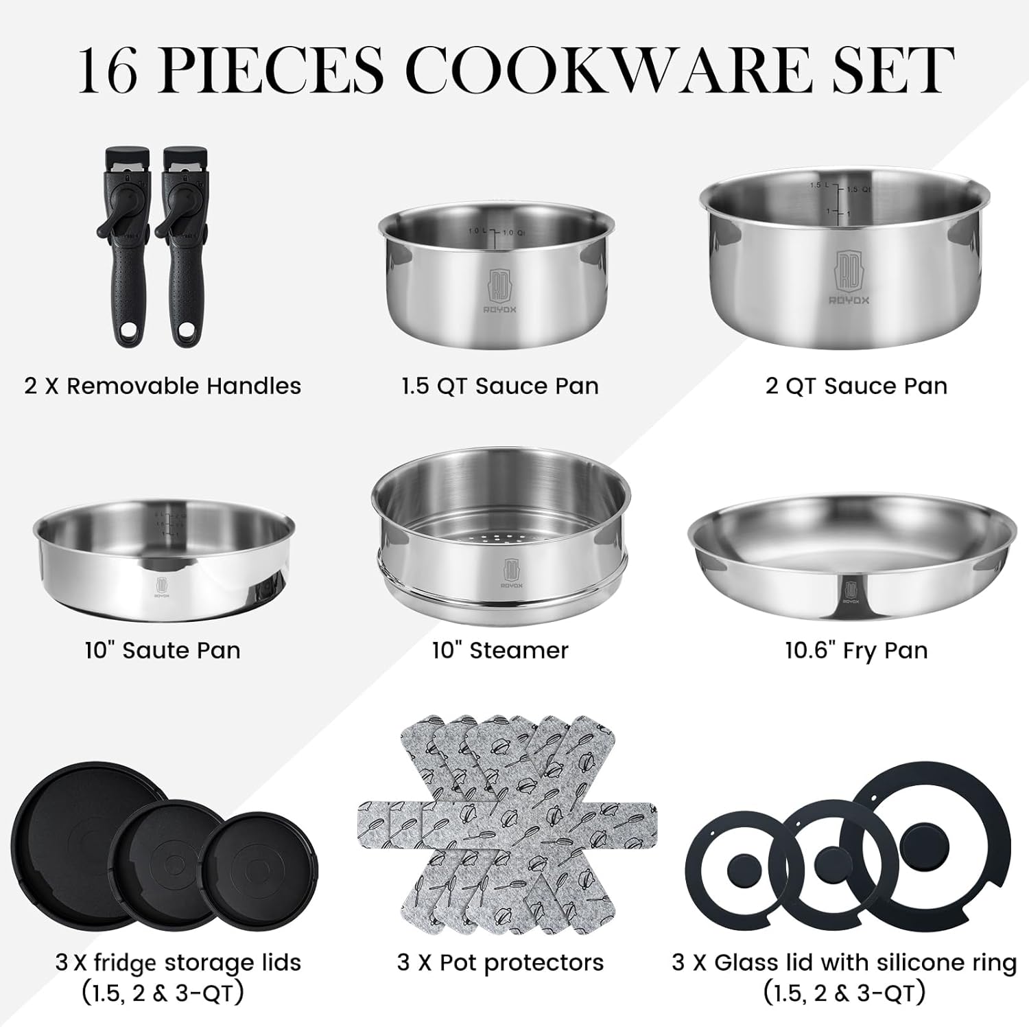 Stainless Steel Cookware Set with Detachable Handles, PFOA Free, Oven Safe - RD ROYDX 3-Ply Pots and Pans Set for All Stoves