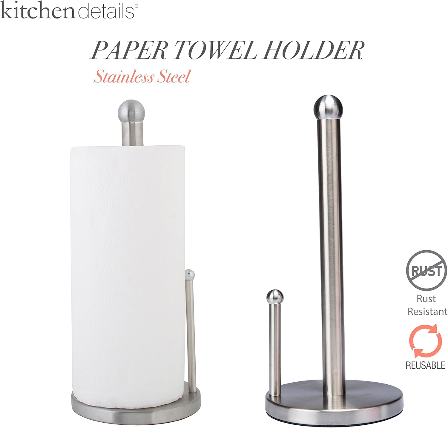 Stainless Steel Countertop Paper Towel Holder with Weighted Bottom - Free Standing Dispenser Bar for Standard Rolls - Kitchen Details