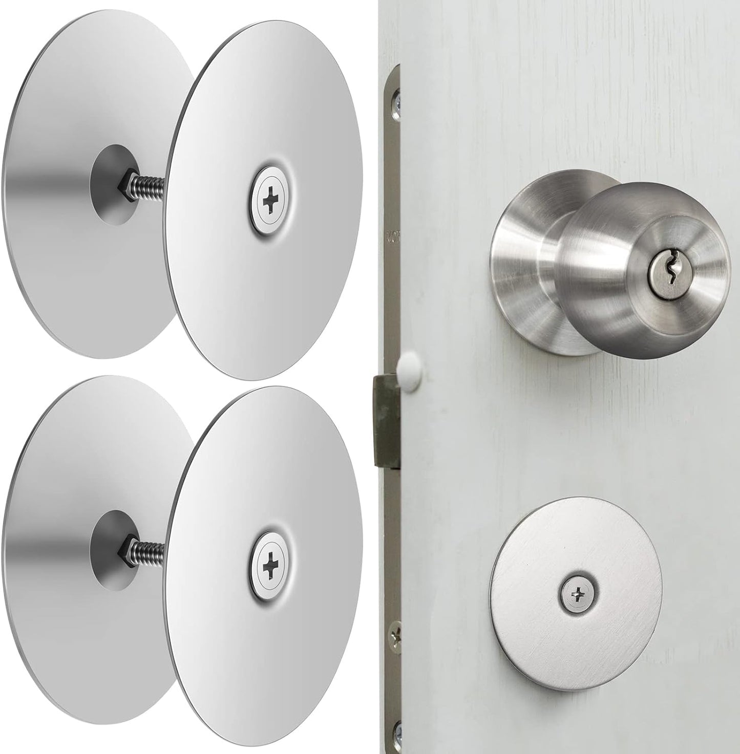 Stainless Steel Door Hole Cover Plate Set for Increased Home Security - 2-5/8" Diameter Filler Plates with Knob, Set of 2, Silver