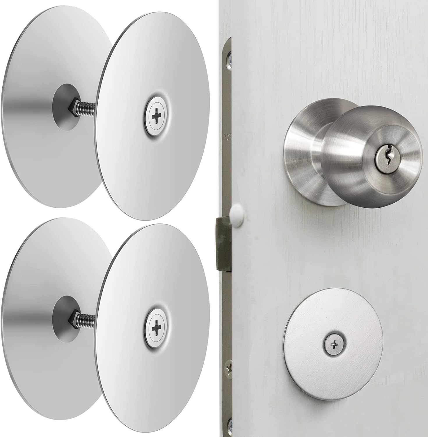 Stainless Steel Door Hole Cover Plate Set for Increased Home Security - 2-5/8" Diameter Filler Plates with Knob, Set of 2, Silver