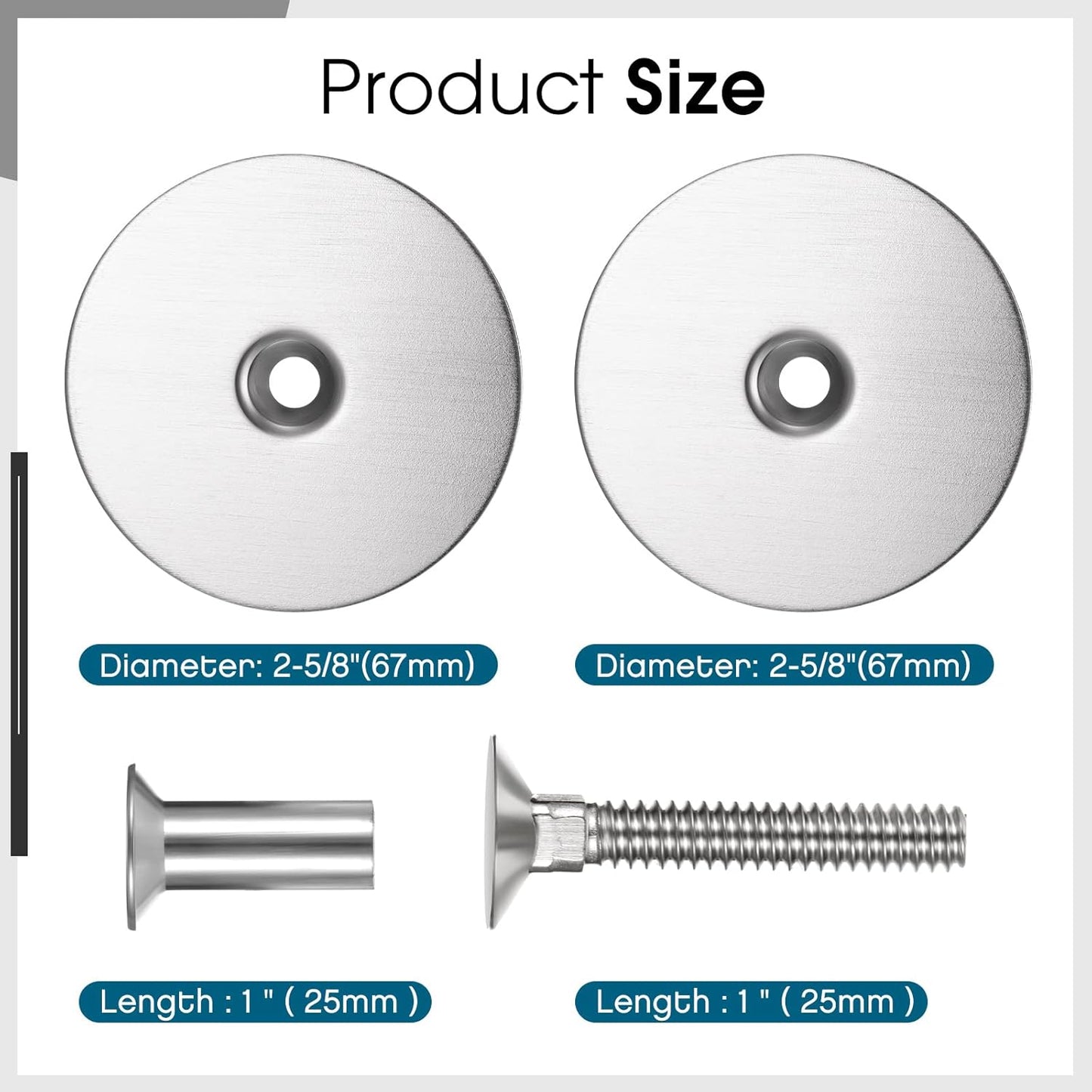 Stainless Steel Door Hole Cover Plate Set for Increased Home Security - 2-5/8" Diameter Filler Plates with Knob, Set of 2, Silver