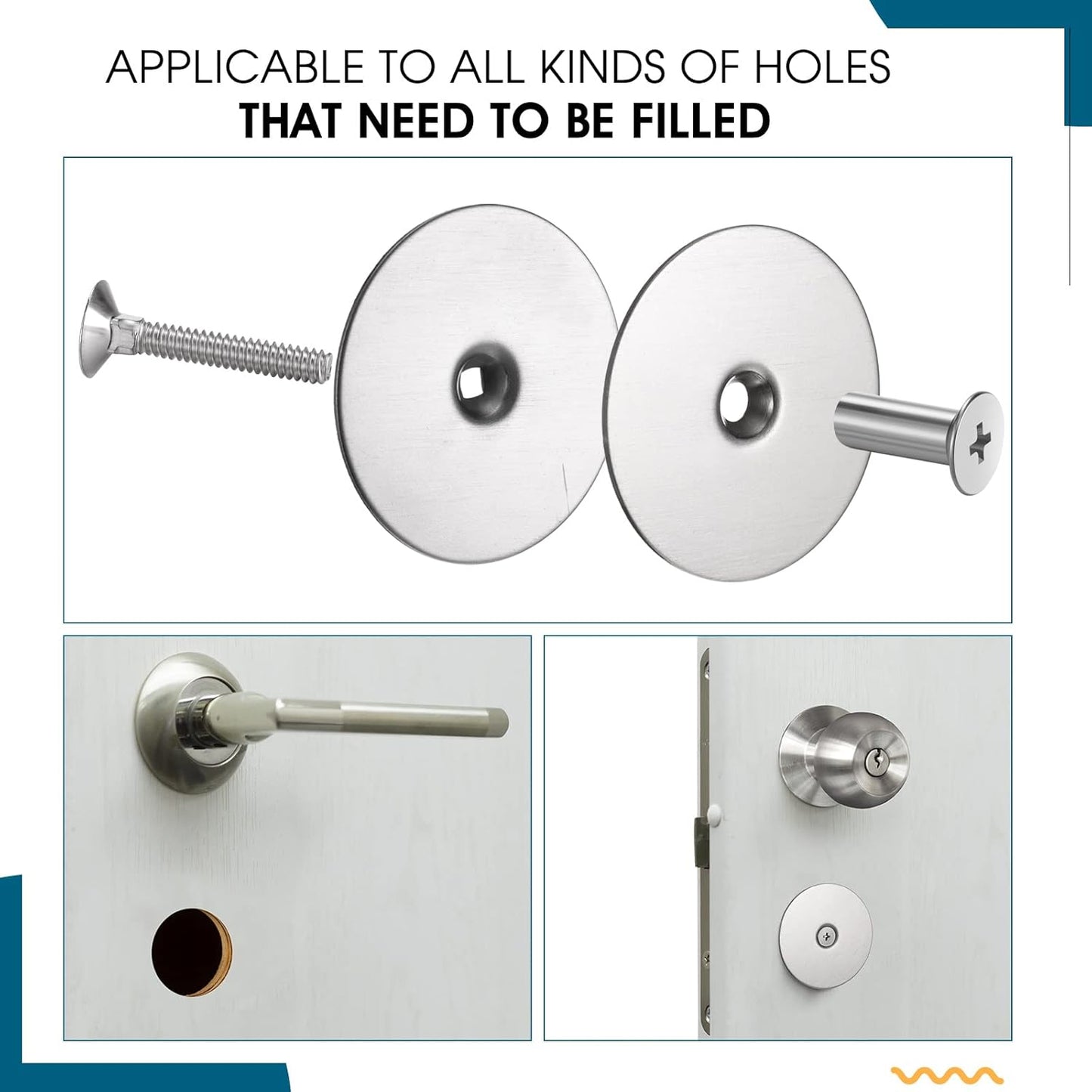 Stainless Steel Door Hole Cover Plate Set for Increased Home Security - 2-5/8" Diameter Filler Plates with Knob, Set of 2, Silver