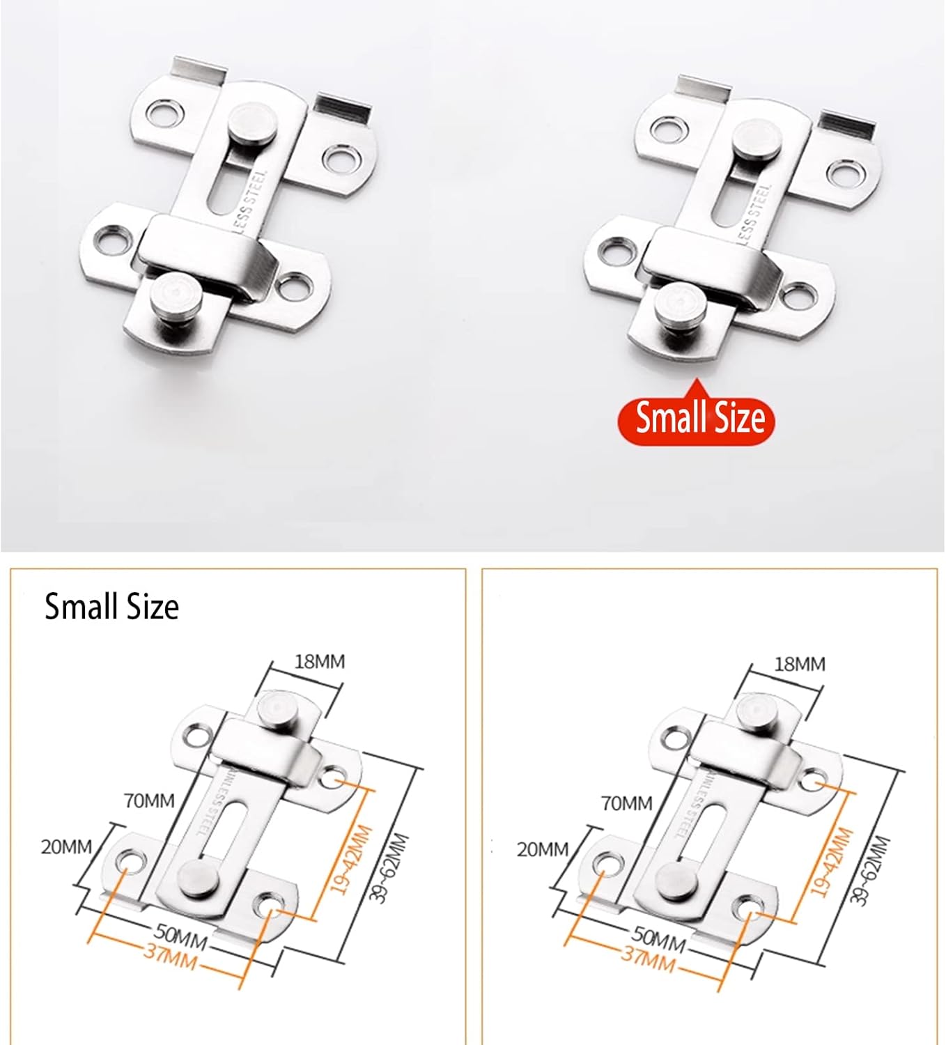 Stainless Steel Door Lock Bolts Set of 2, 90° Right Angle Flat Latch - Short Size, Durable Construction