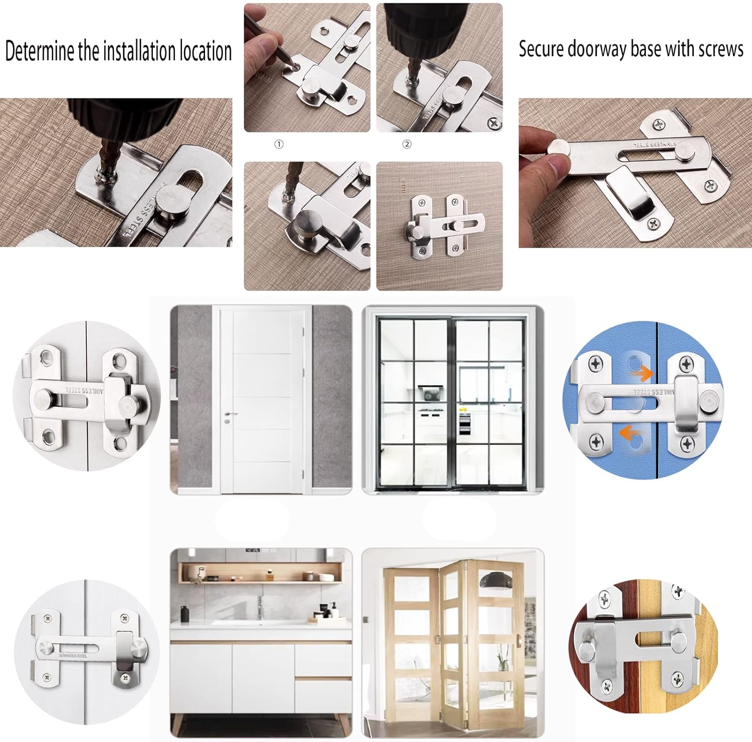 Stainless Steel Door Lock Bolts Set of 2, 90° Right Angle Flat Latch - Short Size, Durable Construction