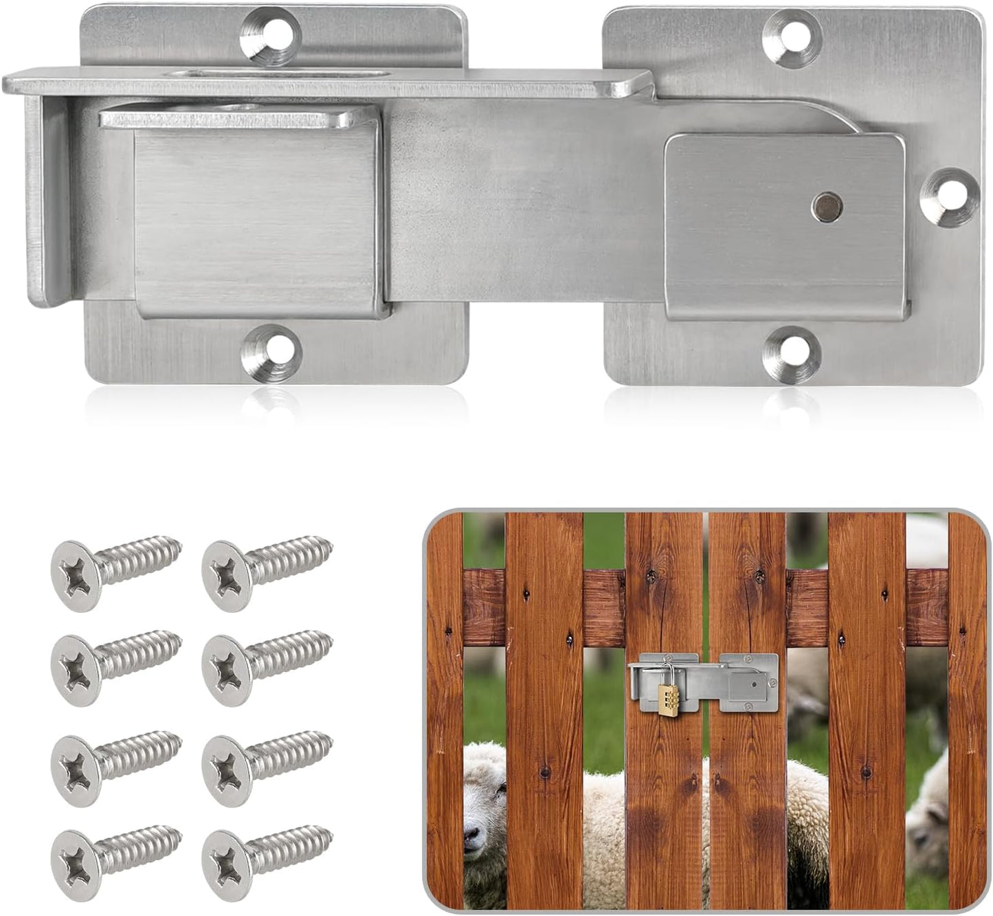 Stainless Steel Double Gate Latch with Padlock Holes for Wooden Fence - Heavy Duty and Adjustable Barn Door Latch