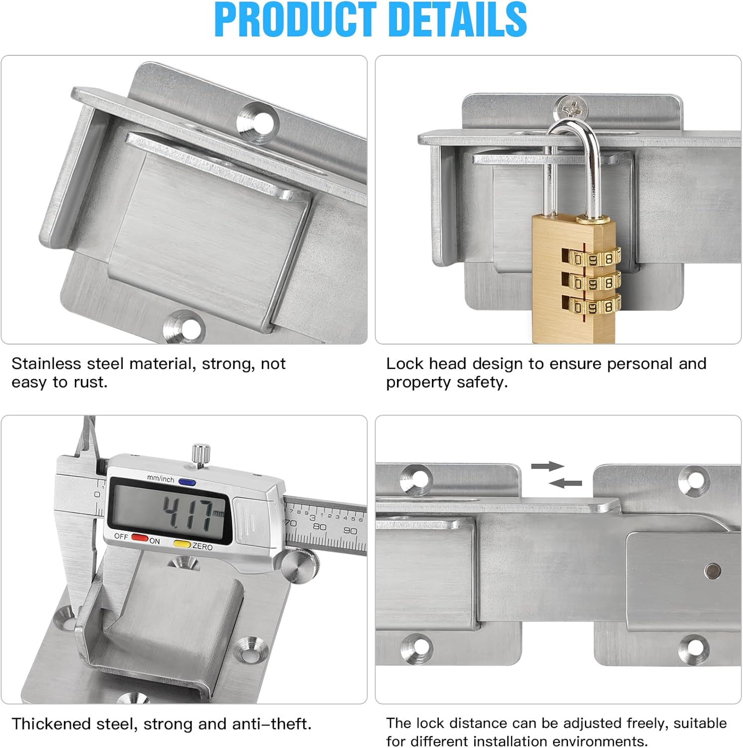 Stainless Steel Double Gate Latch with Padlock Holes for Wooden Fence - Heavy Duty and Adjustable Barn Door Latch