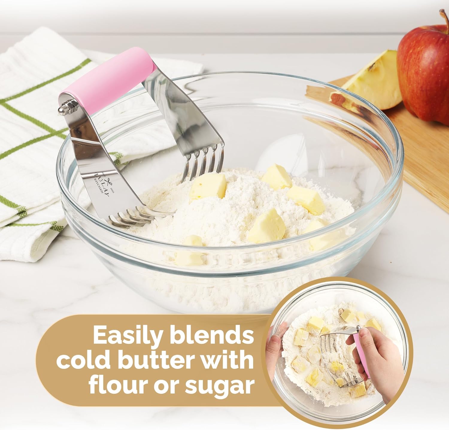 Stainless Steel Dough Blender & Pastry Cutter for Baking - Heavy Duty Butter Cutter with Blades - Zulay Kitchen (Pink)