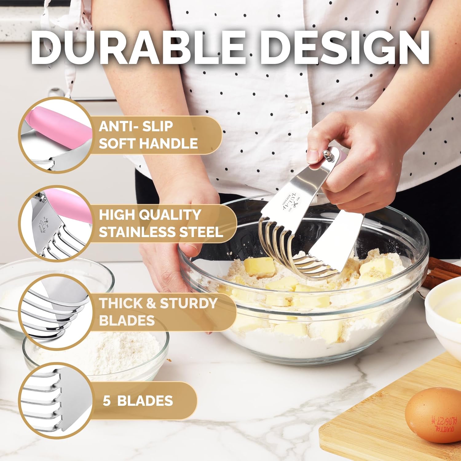 Stainless Steel Dough Blender & Pastry Cutter for Baking - Heavy Duty Butter Cutter with Blades - Zulay Kitchen (Pink)