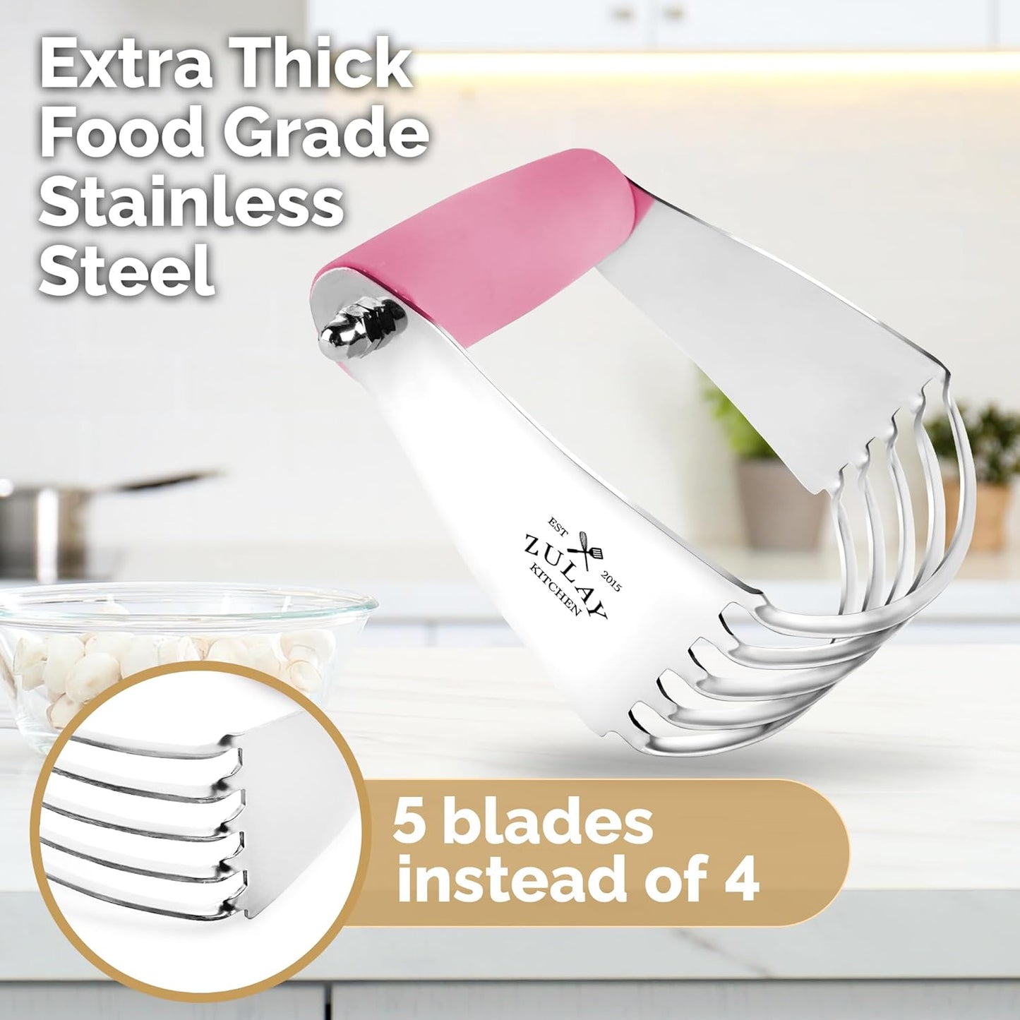 Stainless Steel Dough Blender & Pastry Cutter for Baking - Heavy Duty Butter Cutter with Blades - Zulay Kitchen (Pink)