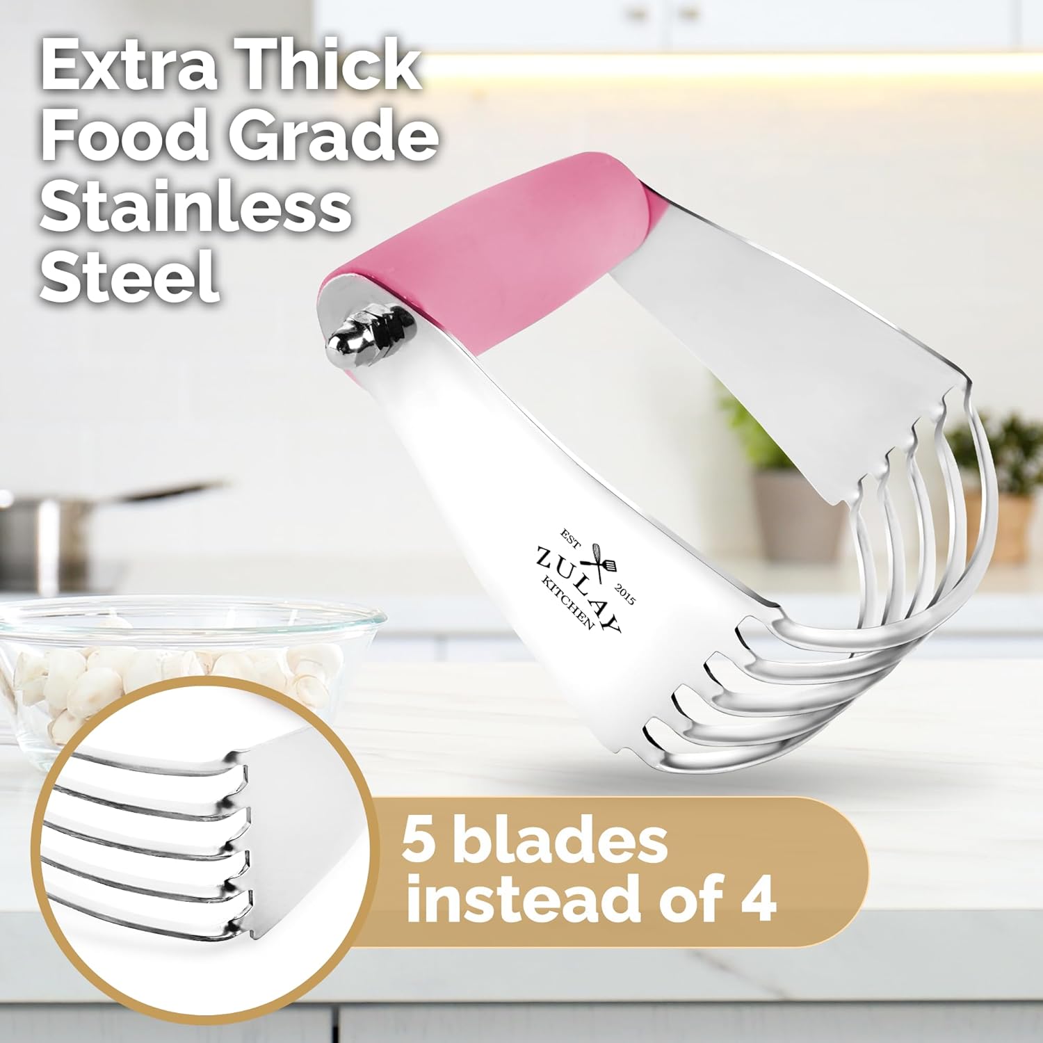 Stainless Steel Dough Blender & Pastry Cutter for Baking - Heavy Duty Butter Cutter with Blades - Zulay Kitchen (Pink)
