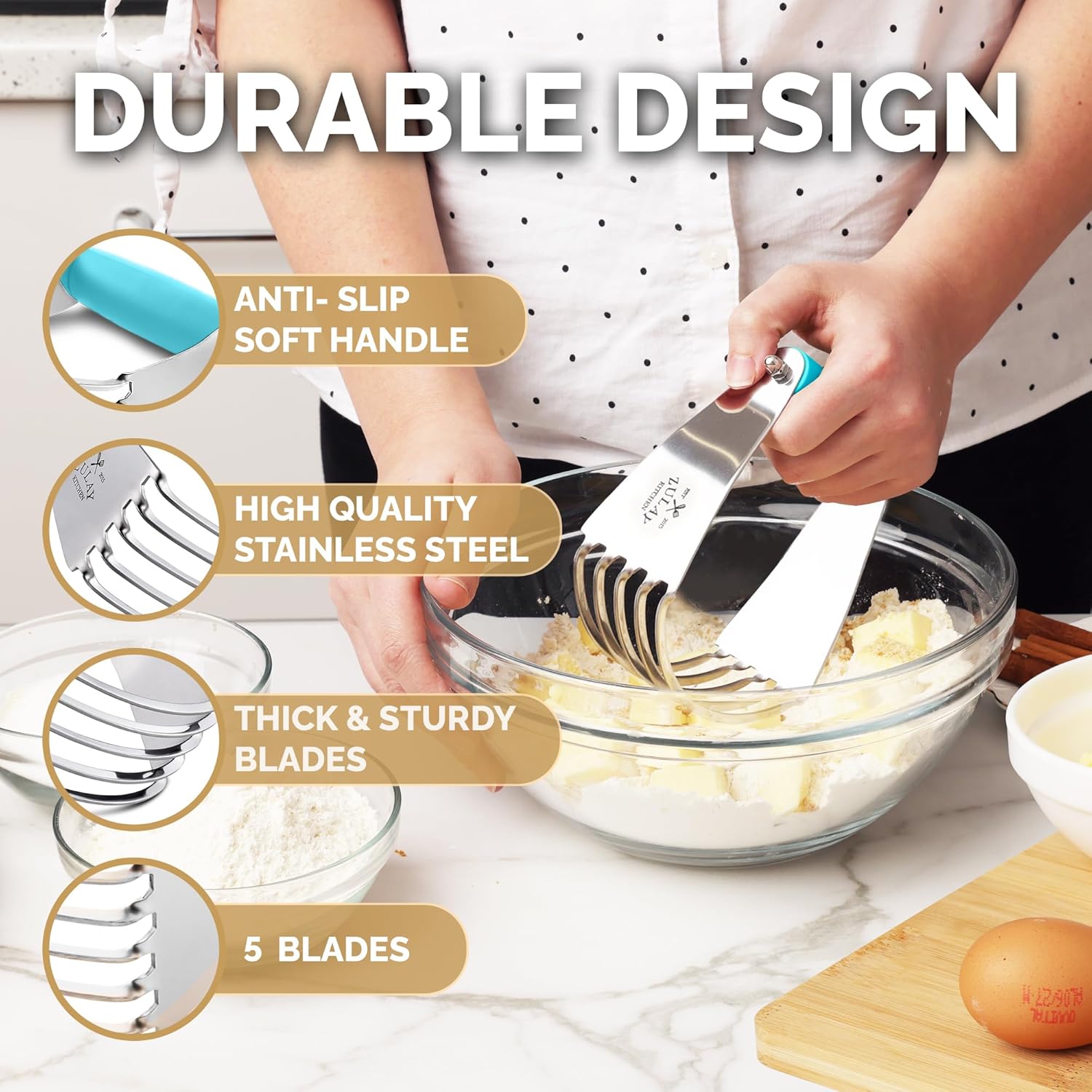 Stainless Steel Dough Blender with Heavy Duty Blades - Professional Pastry Cutter for Baking - Butter Cutter and Pastry Blender (Blue)