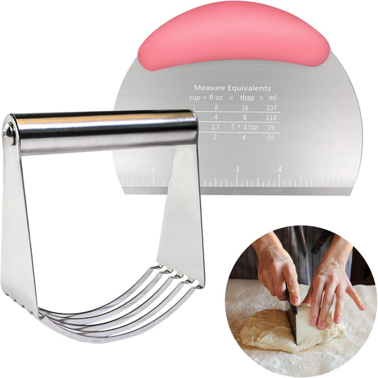 Stainless Steel Dough Cutter and Scraper Tool Set for Baking - Comfortable and Easy to Clean - Heavy Duty Pastry Blender - Pink Color