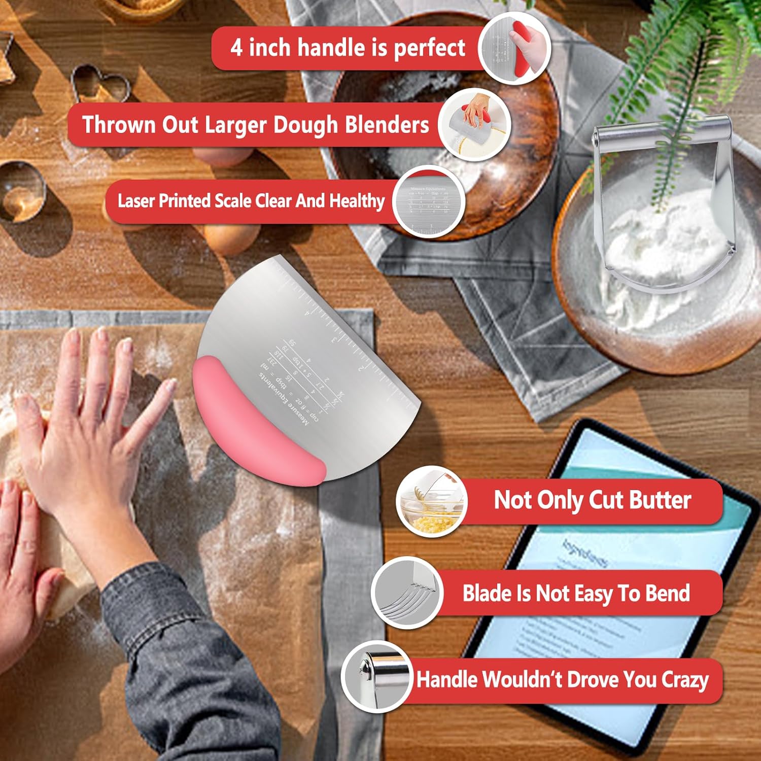 Stainless Steel Dough Cutter and Scraper Tool Set for Baking - Comfortable and Easy to Clean - Heavy Duty Pastry Blender - Pink Color