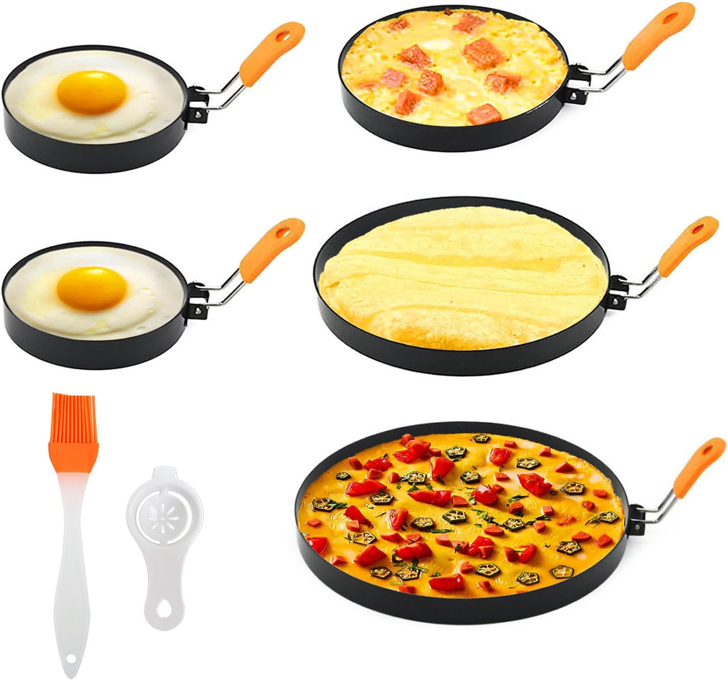 Stainless Steel Egg Rings Set for Frying Eggs - 5 Pcs Pancake Mold Rings with Non Stick Coating and Oil Brush - Perfect for Cooking Griddle Egg Circles and Egg McMuffin Sandwiches