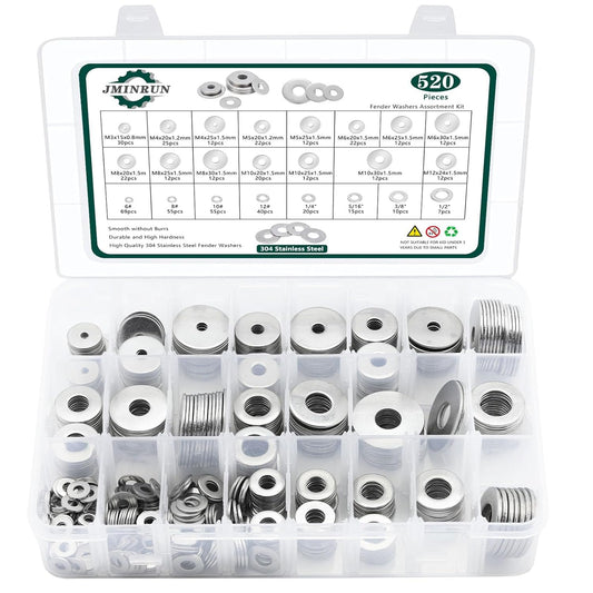 Stainless Steel Fender Washers Assortment Set, 520 Pcs in 23 Sizes for Bolts - SAE and Metric Hardware Washers Kit (M3-M12, 6#-1/2)