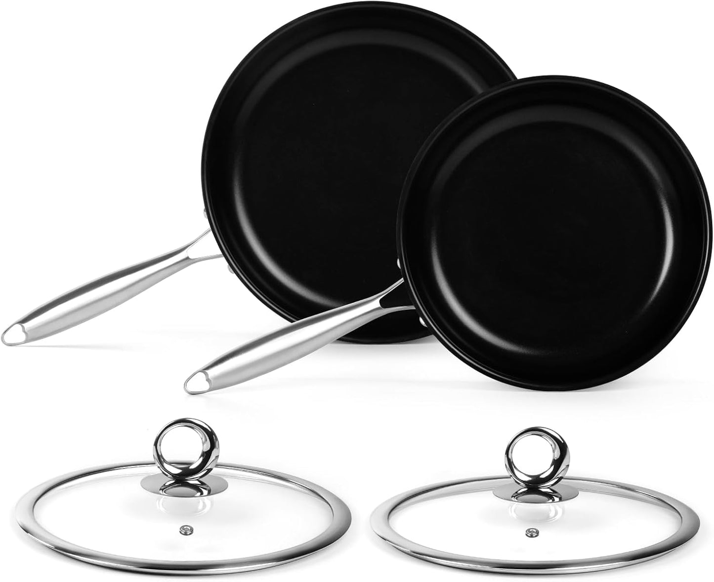 Stainless Steel Frying Pan Set with Titanium Ceramic Coating, Non Stick Skillet Set with Lids - Induction Compatible and PFAS&PTFE Free