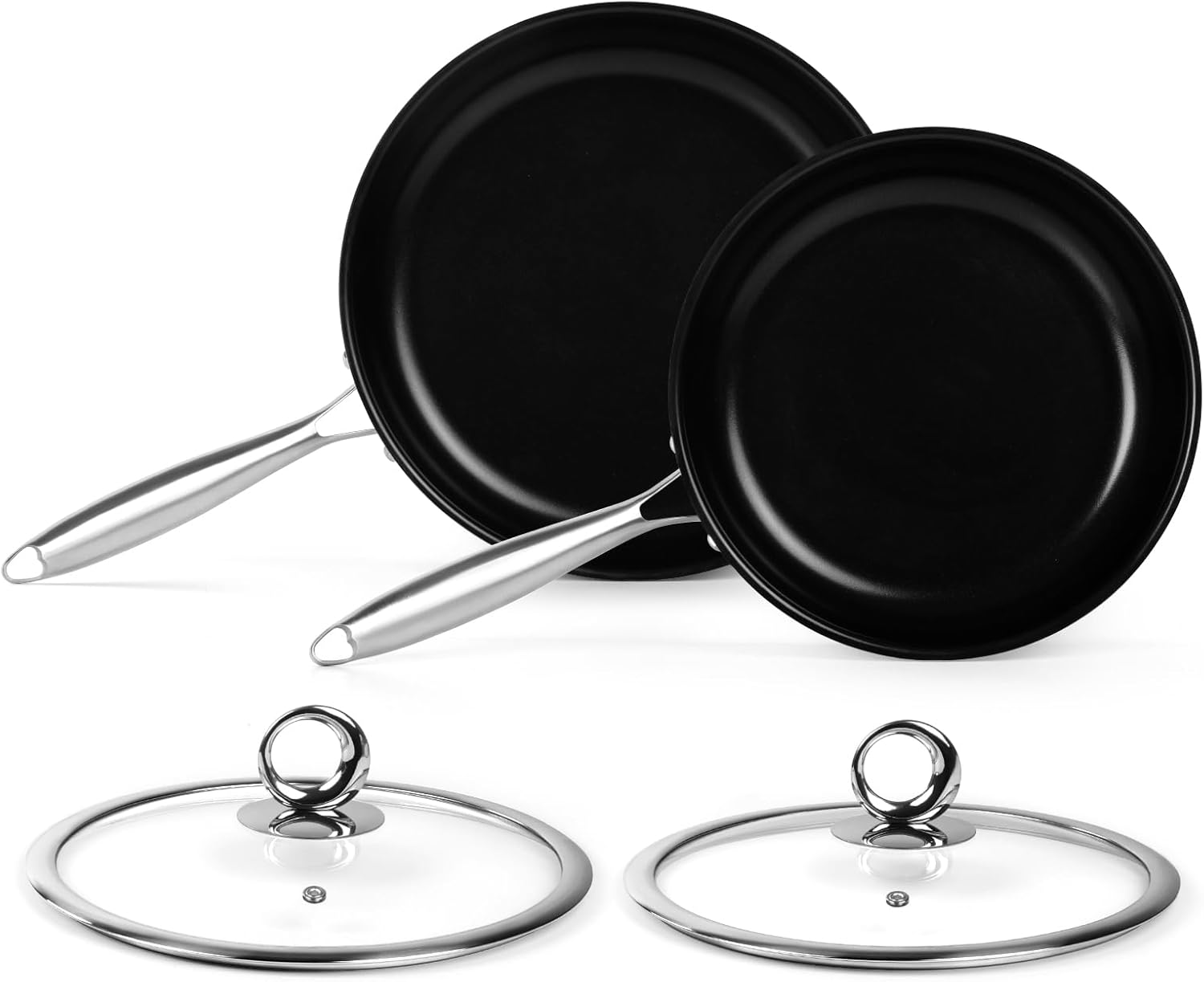 Stainless Steel Frying Pan Set with Titanium Ceramic Coating, Non Stick Skillet Set with Lids - Induction Compatible and PFAS&PTFE Free