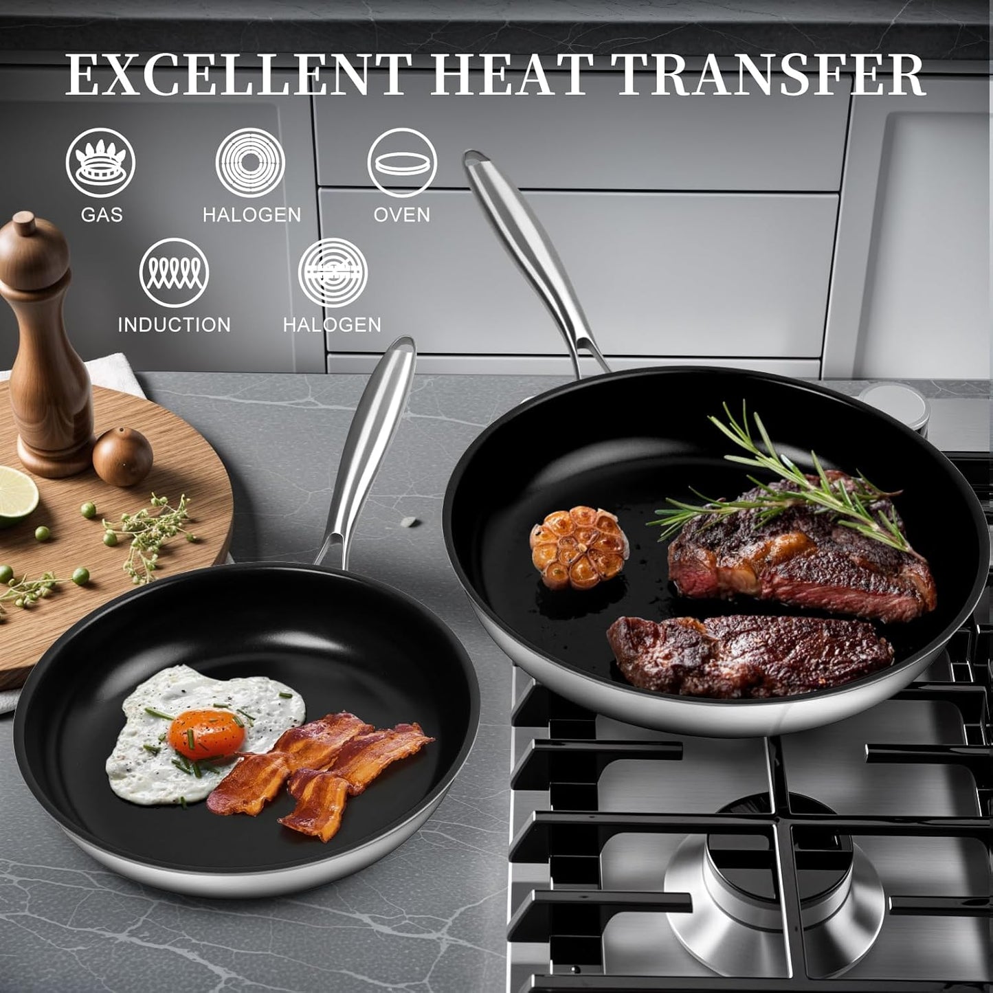 Stainless Steel Frying Pan Set with Titanium Ceramic Coating, Non Stick Skillet Set with Lids - Induction Compatible and PFAS&PTFE Free
