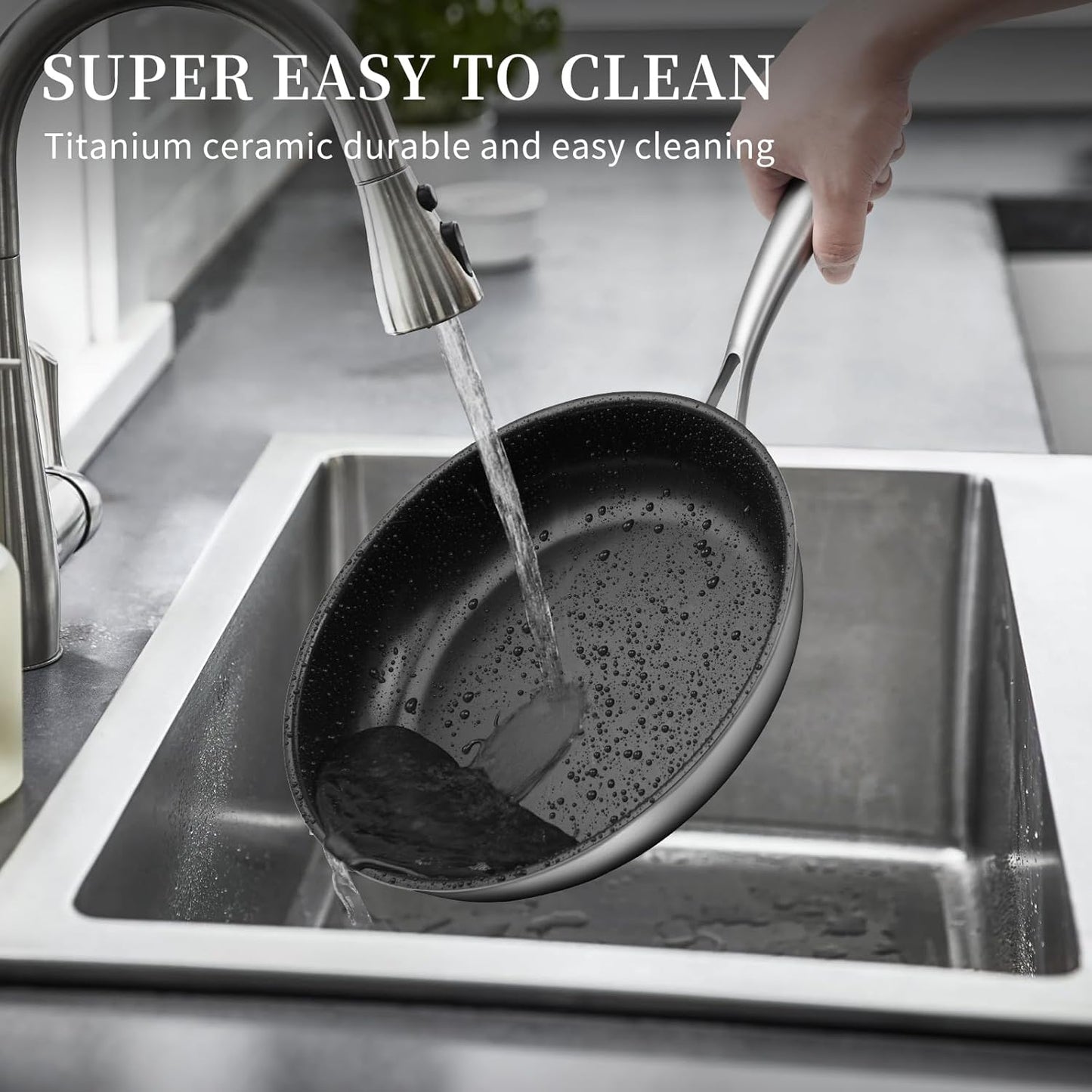 Stainless Steel Frying Pan Set with Titanium Ceramic Coating, Non Stick Skillet Set with Lids - Induction Compatible and PFAS&PTFE Free