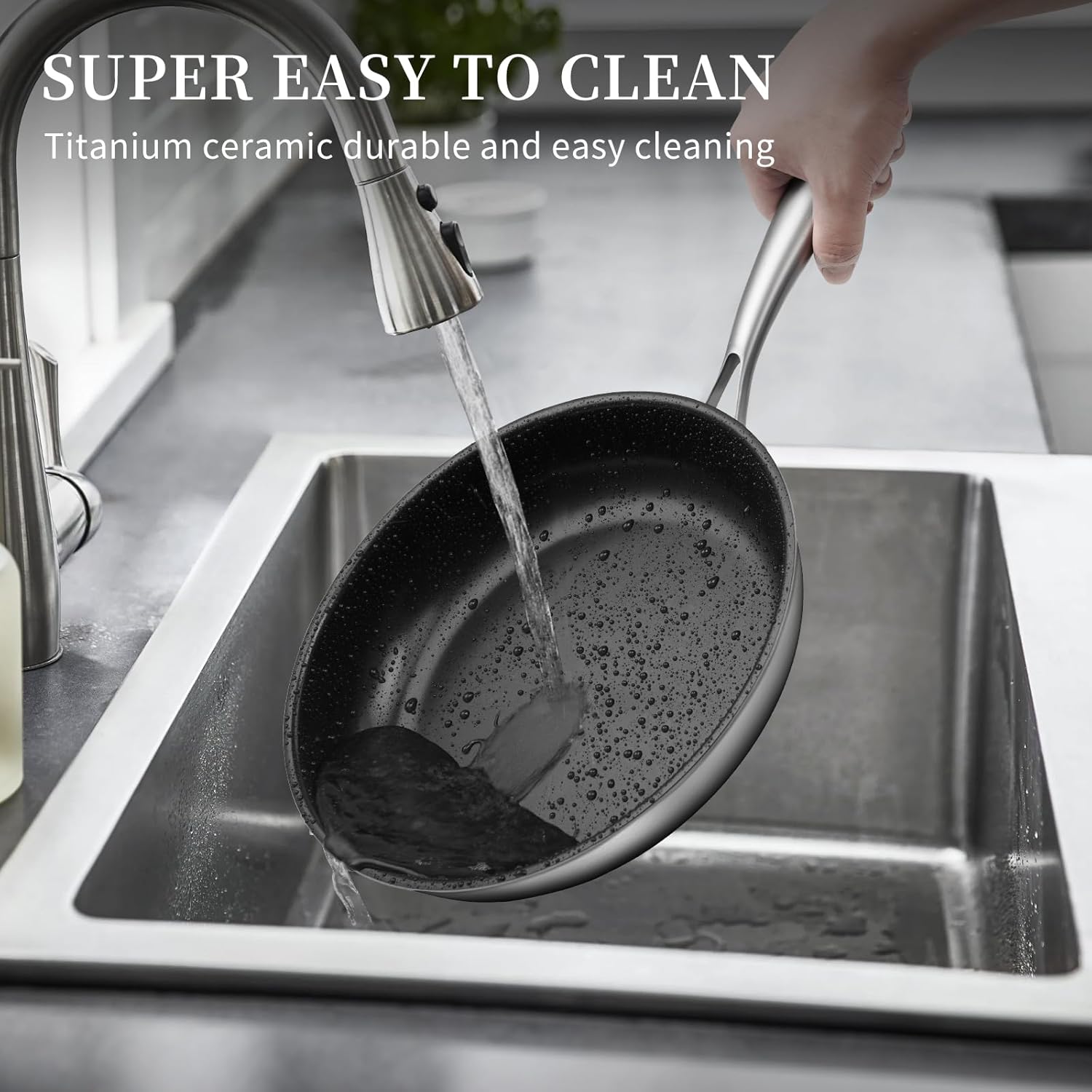 Stainless Steel Frying Pan Set with Titanium Ceramic Coating, Non Stick Skillet Set with Lids - Induction Compatible and PFAS&PTFE Free