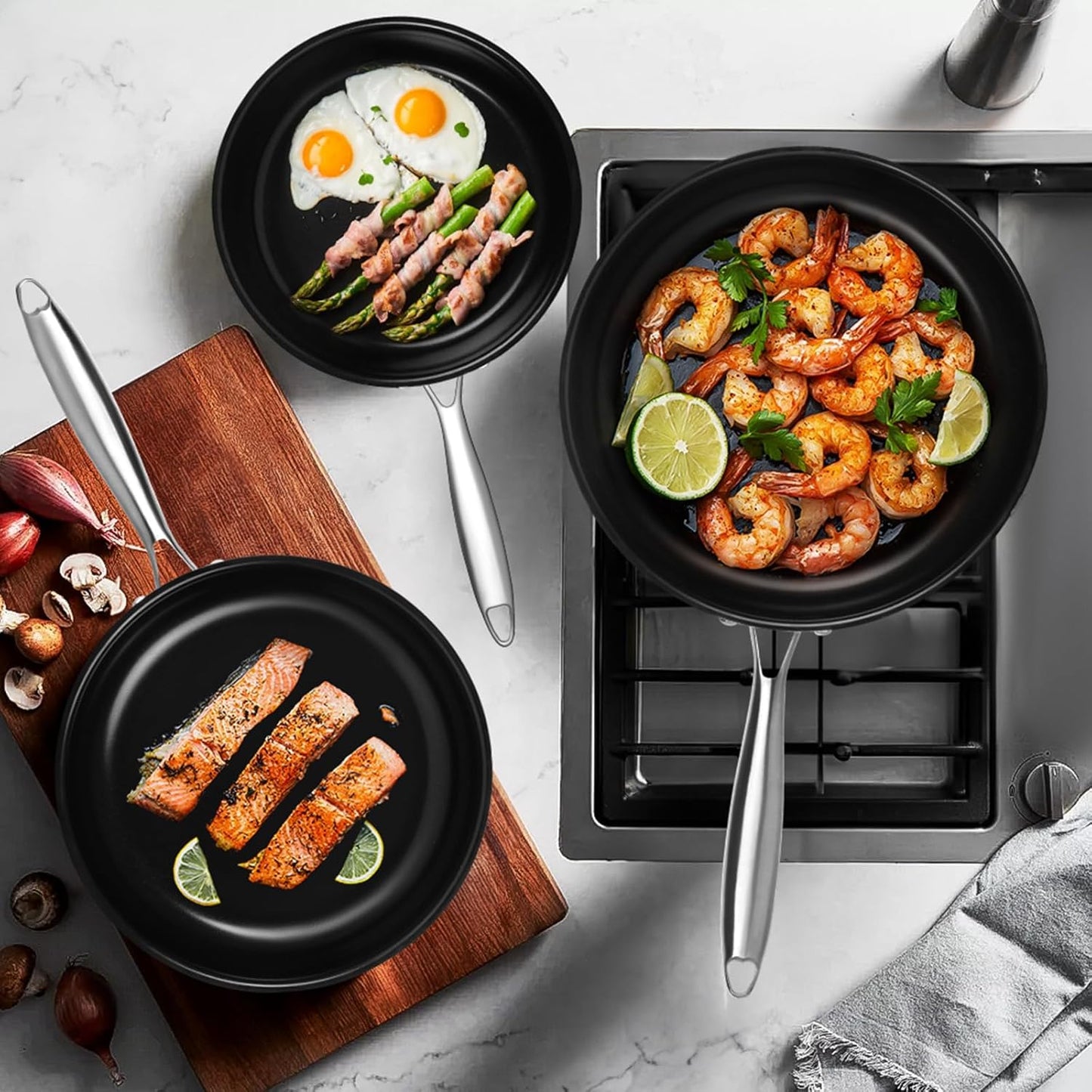Stainless Steel Frying Pan Set with Titanium Ceramic Coating, Non Stick Skillet Set with Lids - Induction Compatible and PFAS&PTFE Free