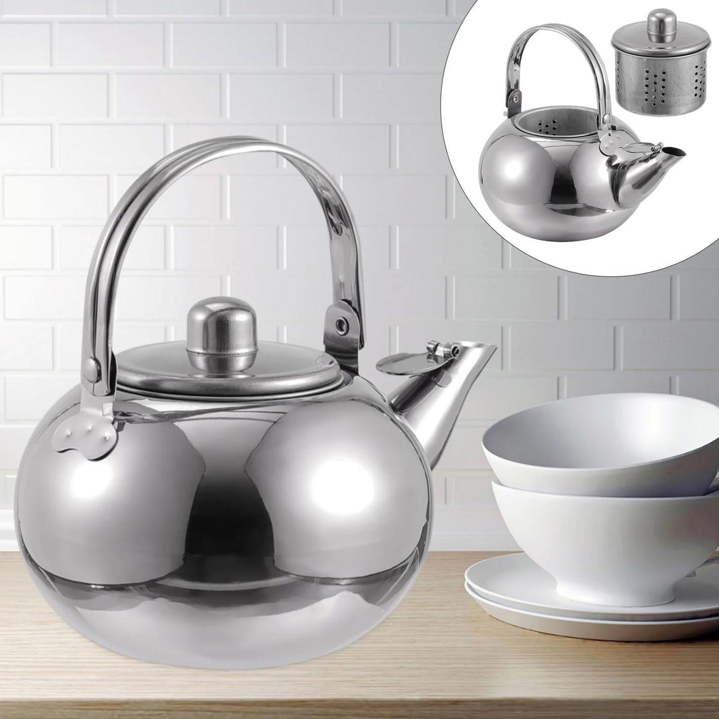 Stainless Steel Glass Tea Kettle with Whistling Pot, Coffee Filter, and Strainer - Stovetop Teapot for Hot Water Brewing