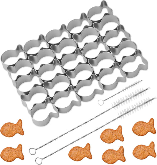 Stainless Steel Gold Fish Cookie Cutter Set with 25 Cavities and Cleaning Brushes - Non-Stick Mini Fish Shapes Molds for Baking