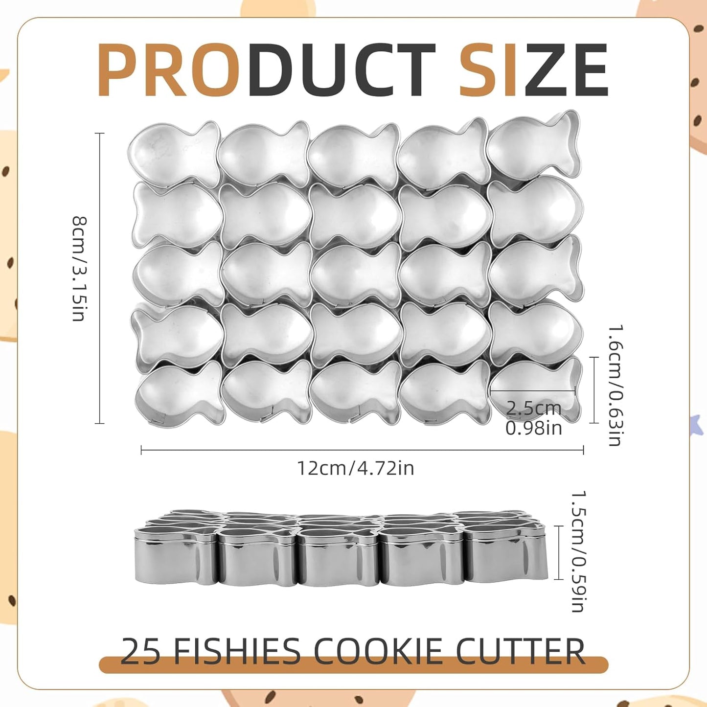 Stainless Steel Gold Fish Cookie Cutter Set with 25 Cavities and Cleaning Brushes - Non-Stick Mini Fish Shapes Molds for Baking