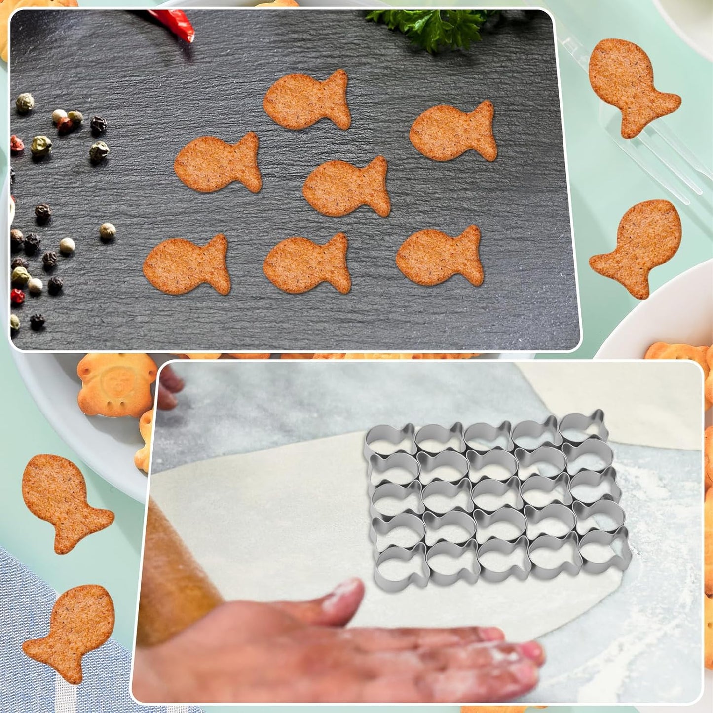 Stainless Steel Gold Fish Cookie Cutter Set with 25 Cavities and Cleaning Brushes - Non-Stick Mini Fish Shapes Molds for Baking