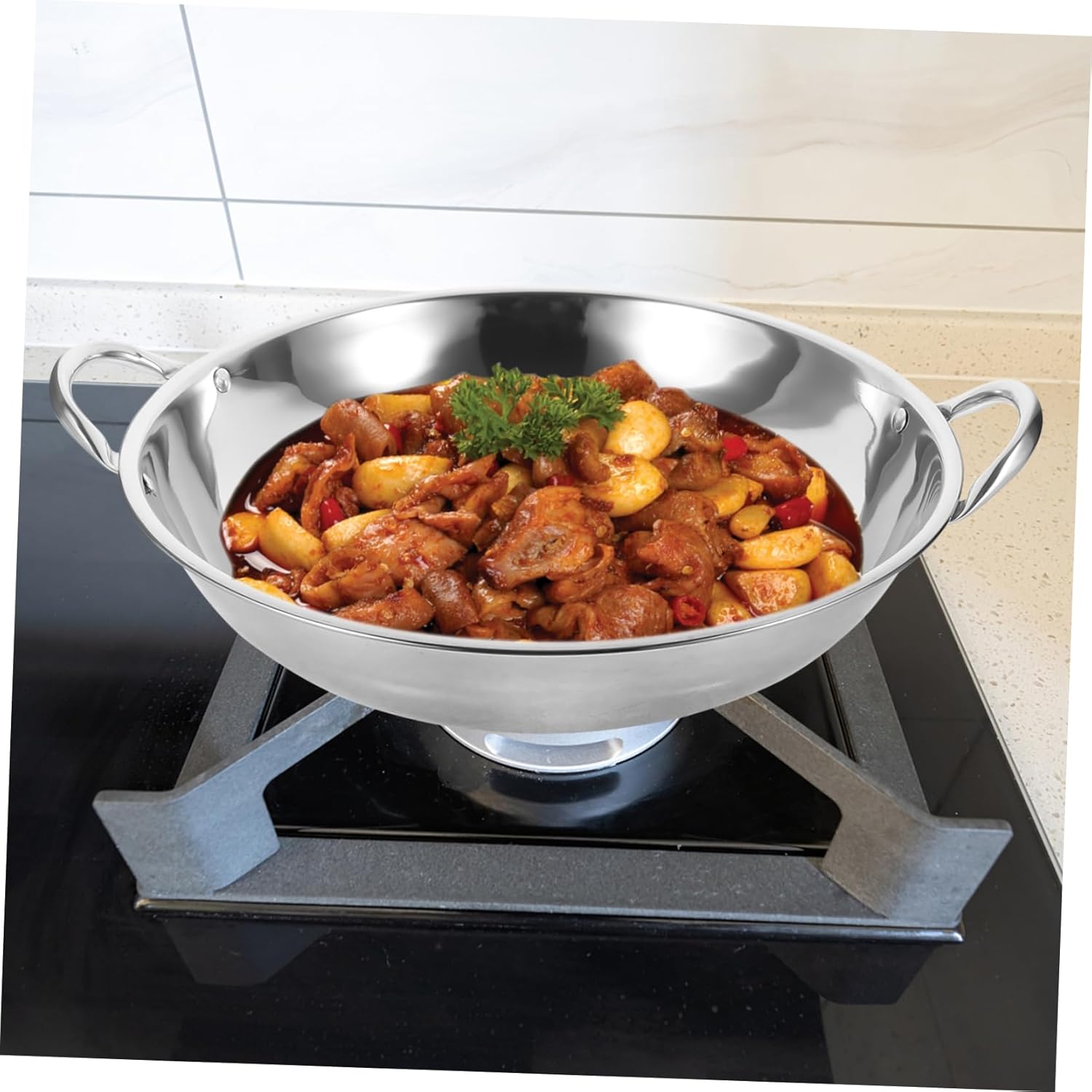 Stainless Steel Griddle Wok Pan Set for Induction Cooking - Soup, Fryer, Curry Bowls, Hot Pot, Roasting, Skillet, Oven Safe - Silver