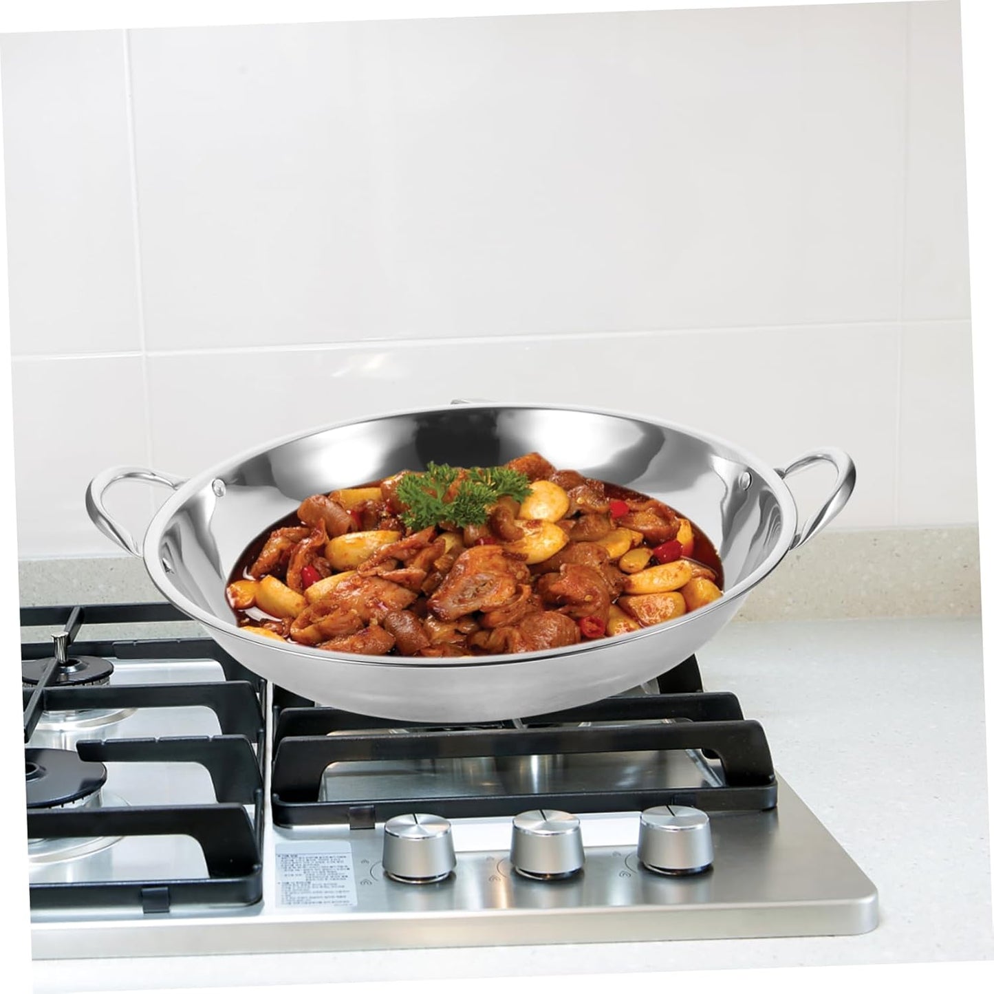 Stainless Steel Griddle Wok Pan Set for Induction Cooking - Soup, Fryer, Curry Bowls, Hot Pot, Roasting, Skillet, Oven Safe - Silver