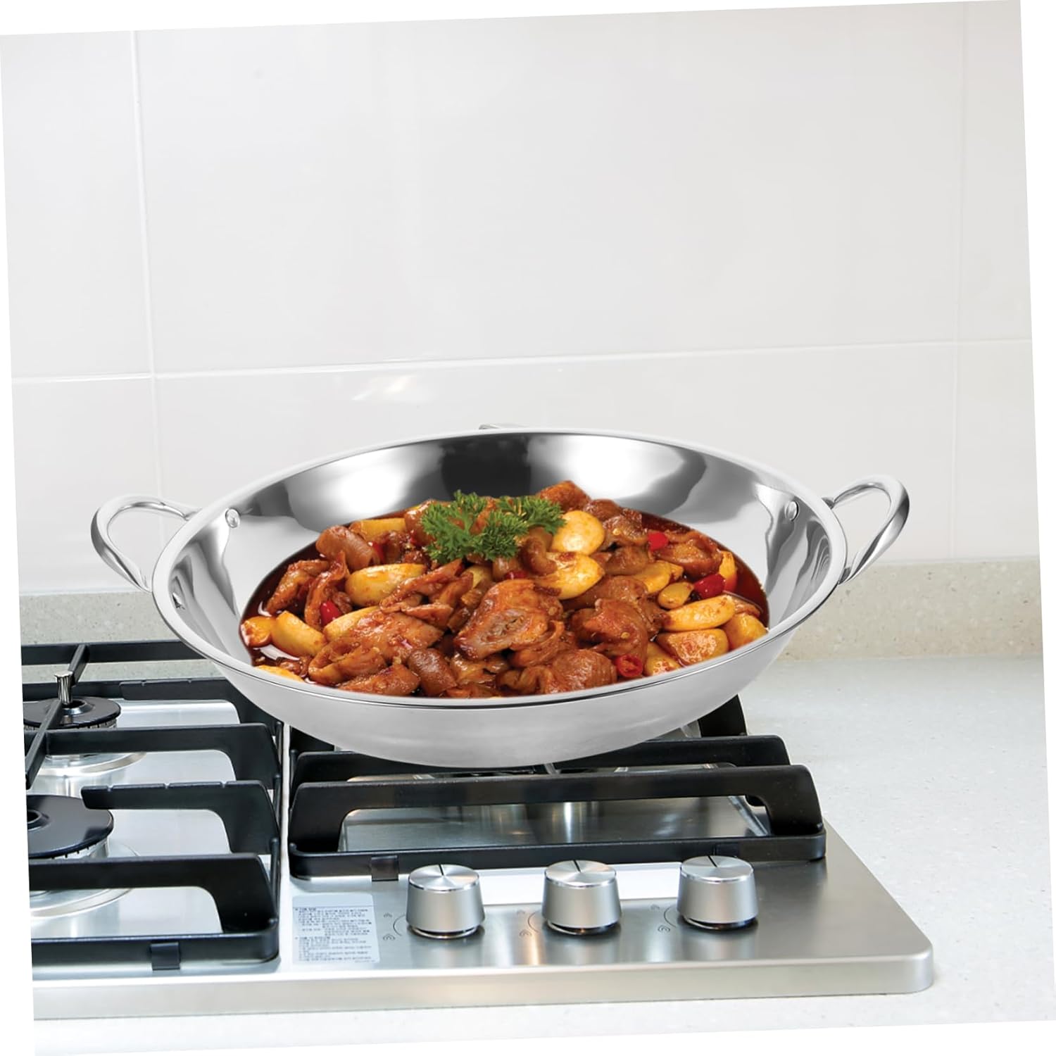 Stainless Steel Griddle Wok Pan Set for Induction Cooking - Soup, Fryer, Curry Bowls, Hot Pot, Roasting, Skillet, Oven Safe - Silver