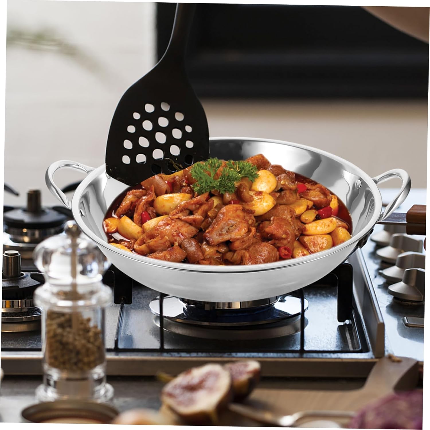 Stainless Steel Griddle Wok Pan Set for Induction Cooking - Soup, Fryer, Curry Bowls, Hot Pot, Roasting, Skillet, Oven Safe - Silver