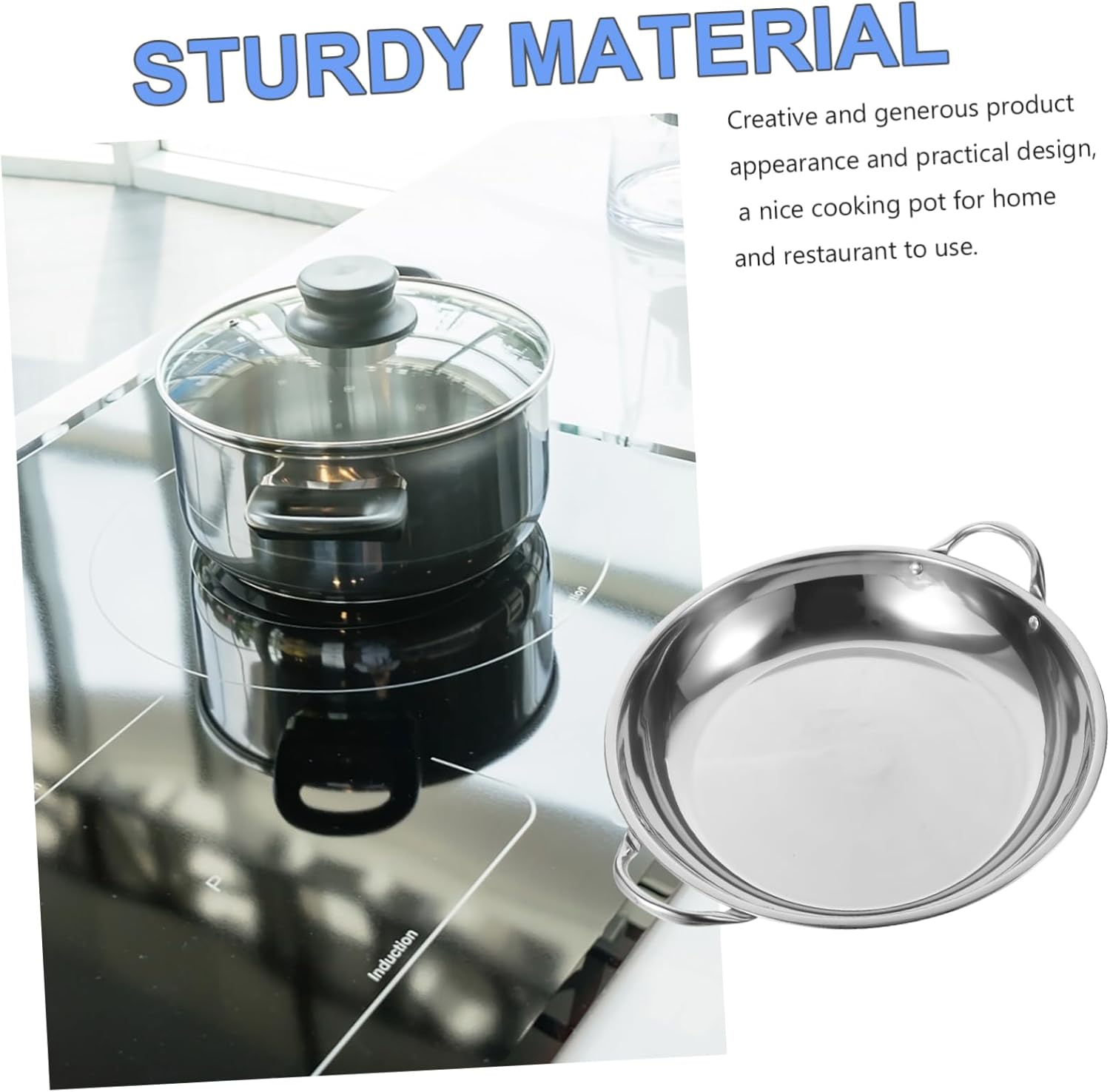 Stainless Steel Griddle Wok Pan Set for Induction Cooking - Soup, Fryer, Curry Bowls, Hot Pot, Roasting, Skillet, Oven Safe - Silver