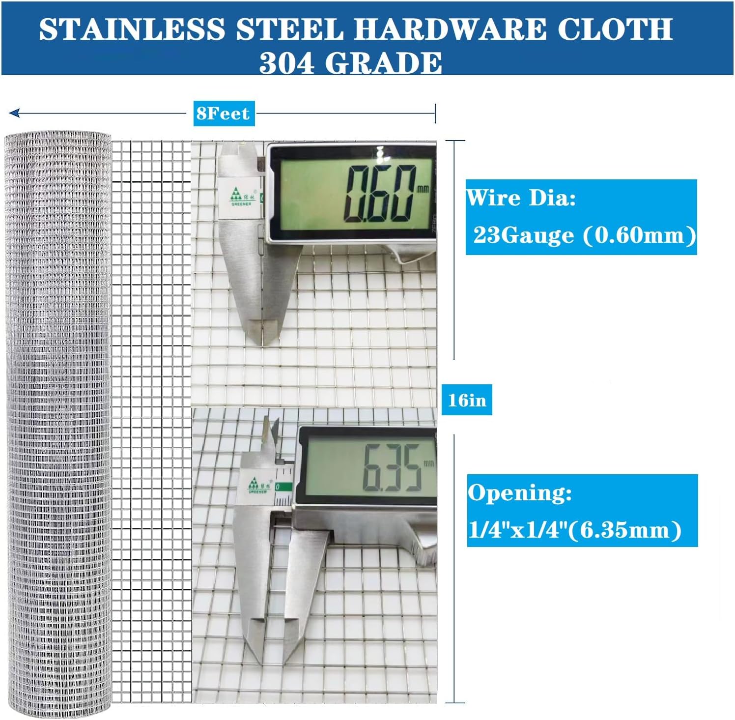 Stainless Steel Hardware Cloth 23G 1/4" 16"x8' for Poultry Netting Cage Fence, Protects Plants from Animals