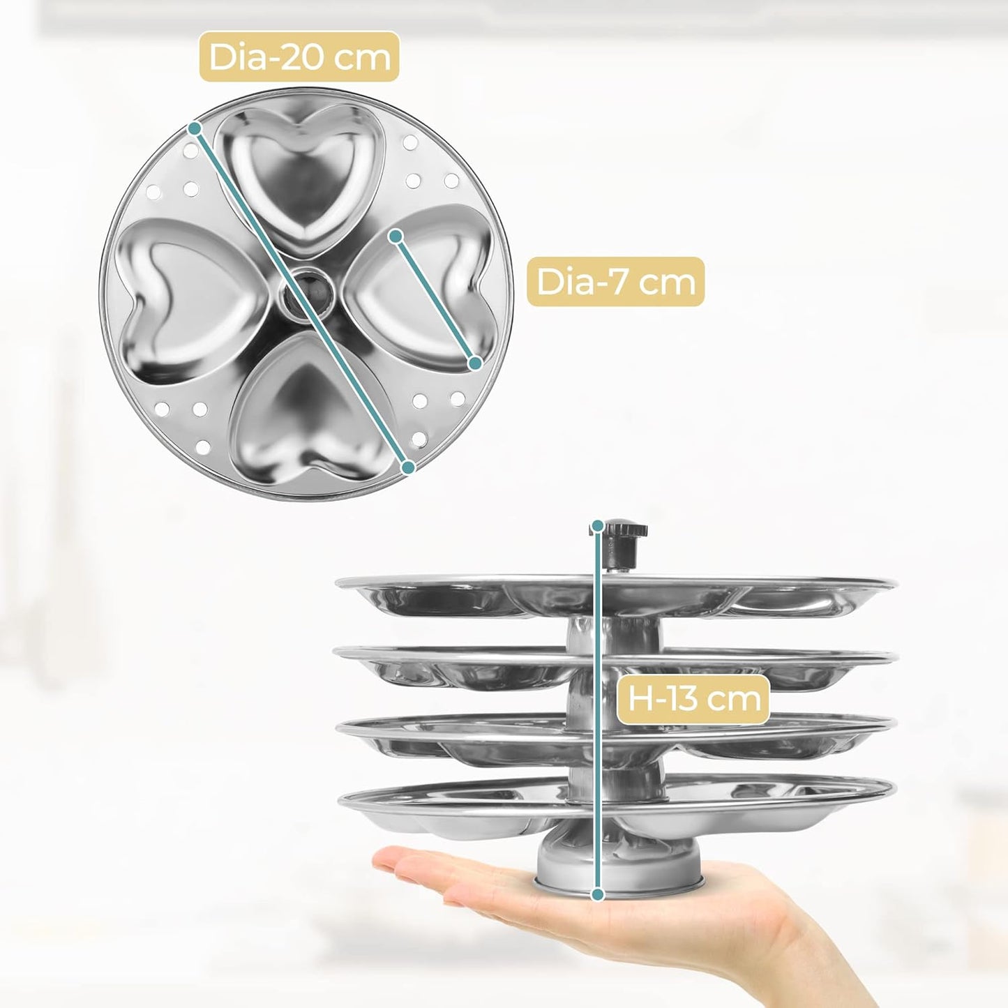 Stainless Steel Heart Shaped Idli Stand - 4 Plates | High Quality Food Grade | Makes 16 Idlis | Idli Preparation Stand