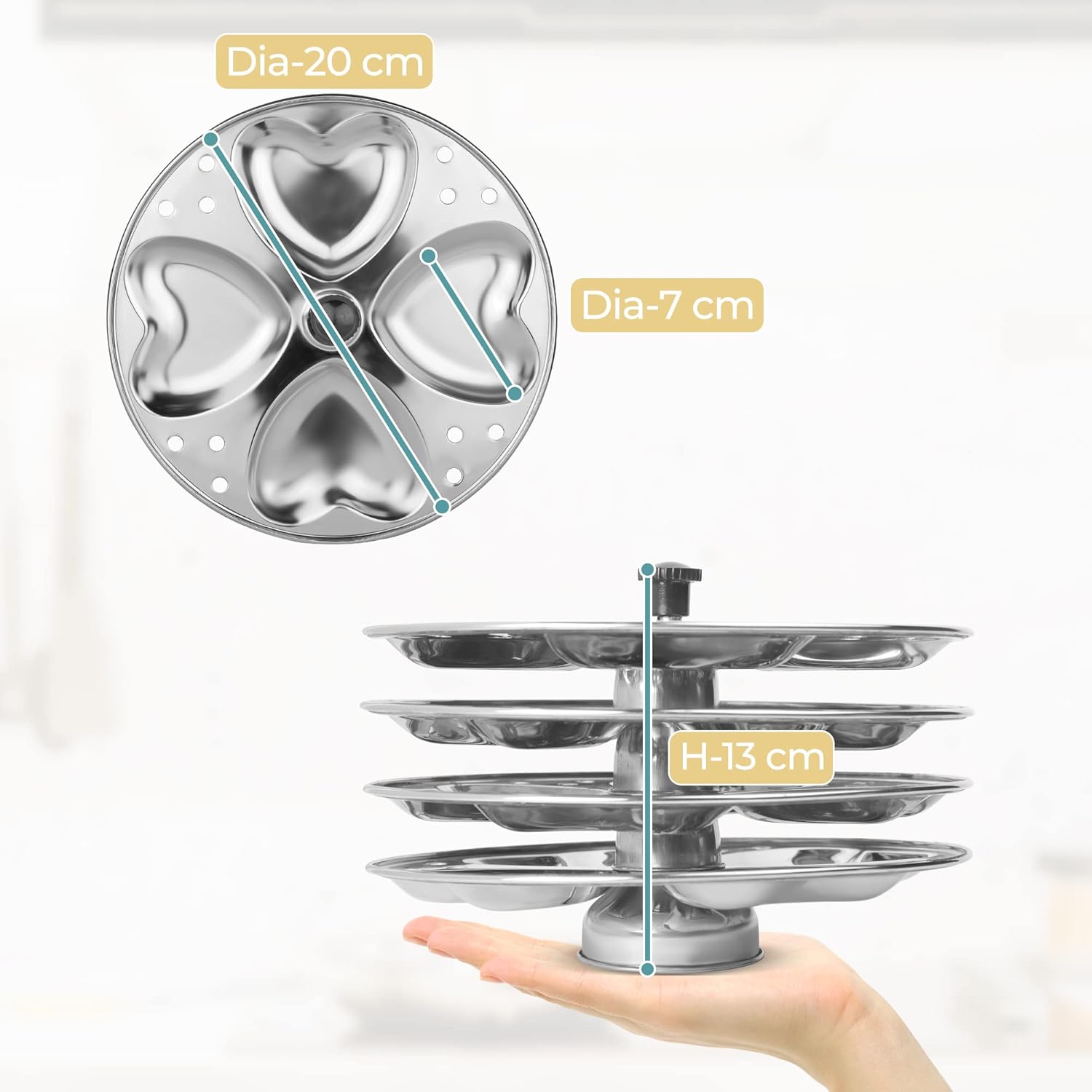 Stainless Steel Heart Shaped Idli Stand - 4 Plates | High Quality Food Grade | Makes 16 Idlis | Idli Preparation Stand