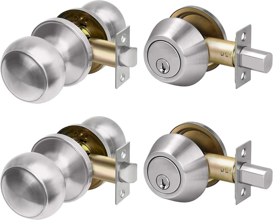 Stainless Steel Keyed Alike Deadbolt Lock & Door Knob Combo Set, Single Cylinder for Interior/Exterior Doors - 2 Pack