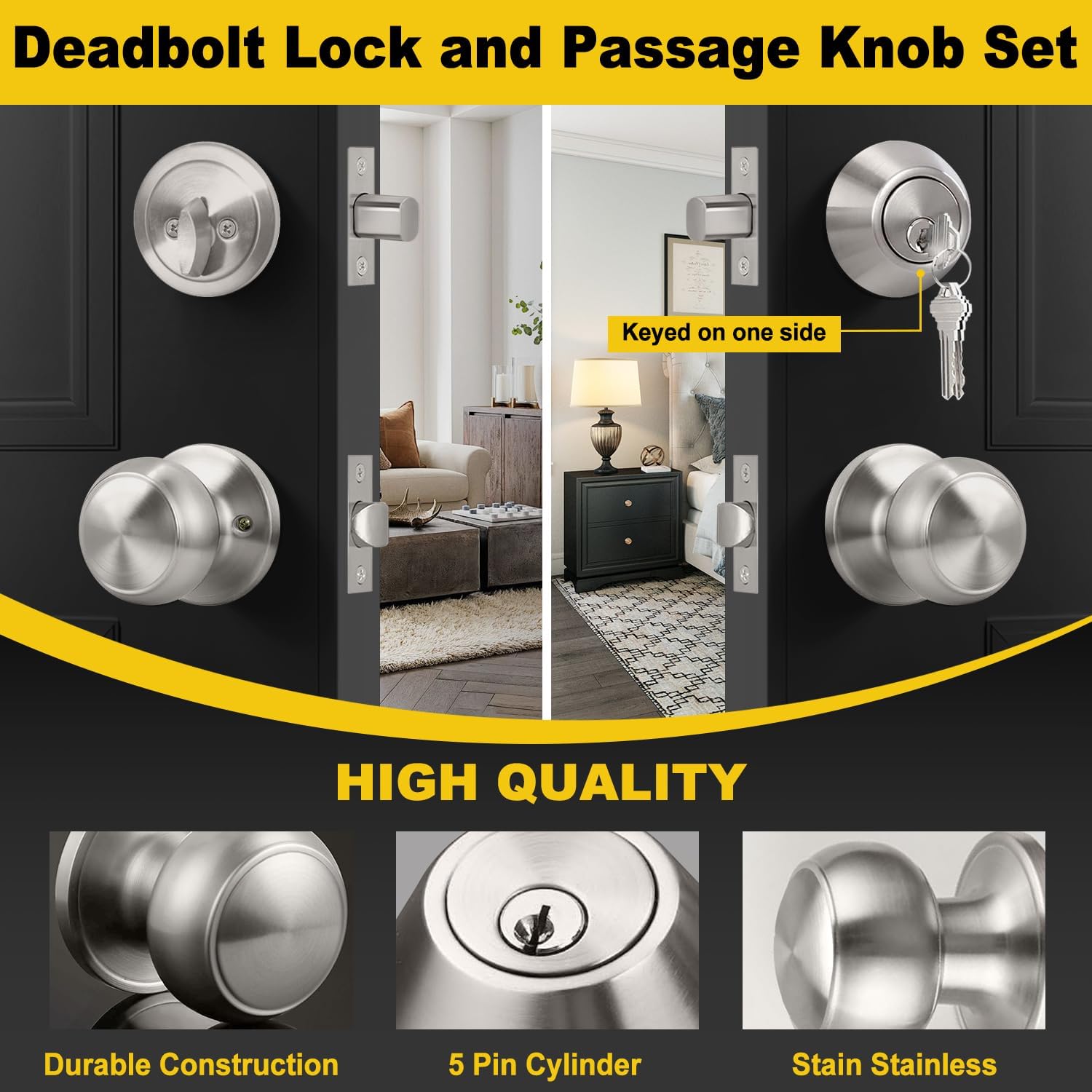 Stainless Steel Keyed Alike Deadbolt Lock & Door Knob Combo Set, Single Cylinder for Interior/Exterior Doors - 2 Pack