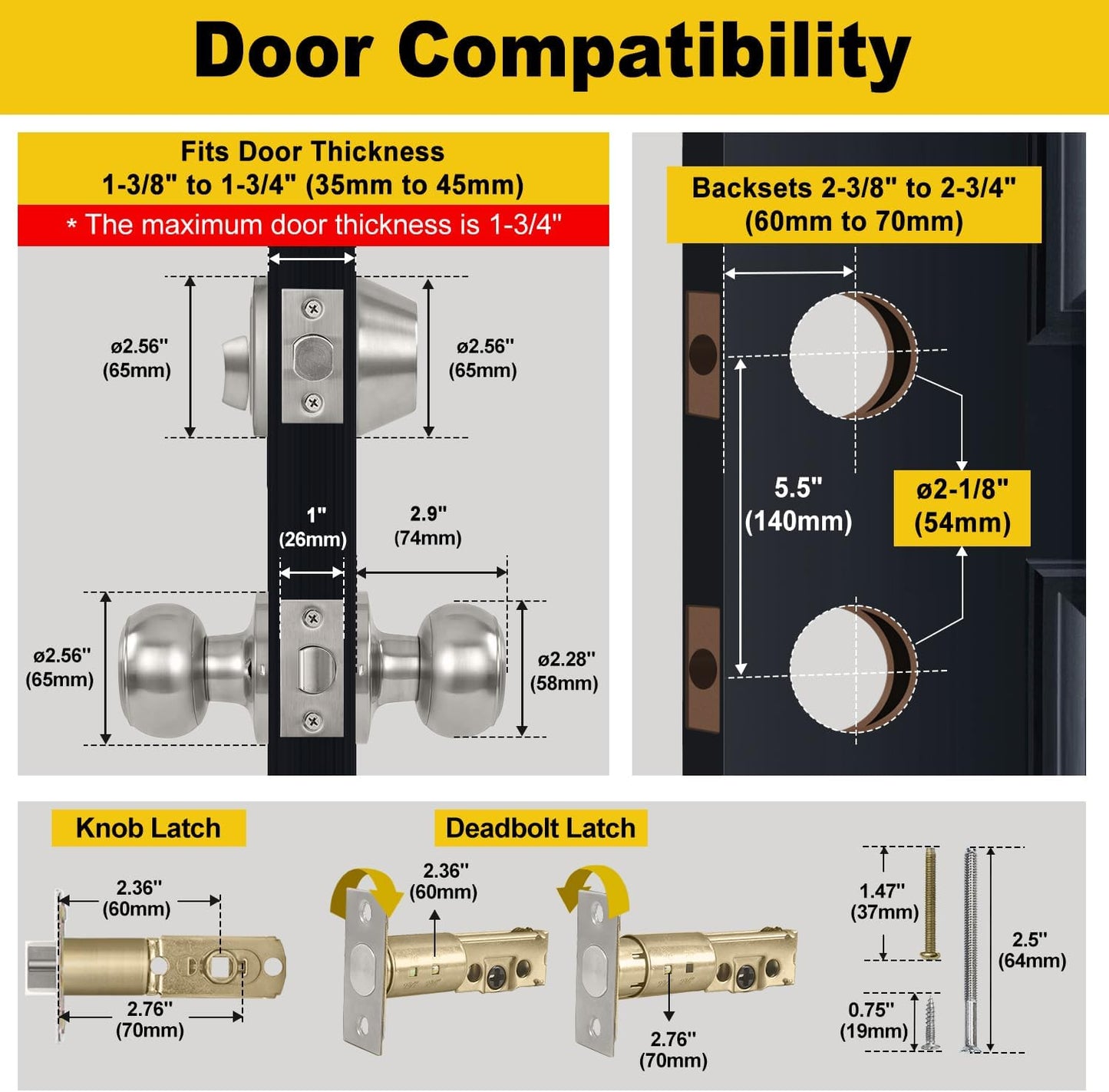 Stainless Steel Keyed Alike Deadbolt Lock & Door Knob Combo Set, Single Cylinder for Interior/Exterior Doors - 2 Pack